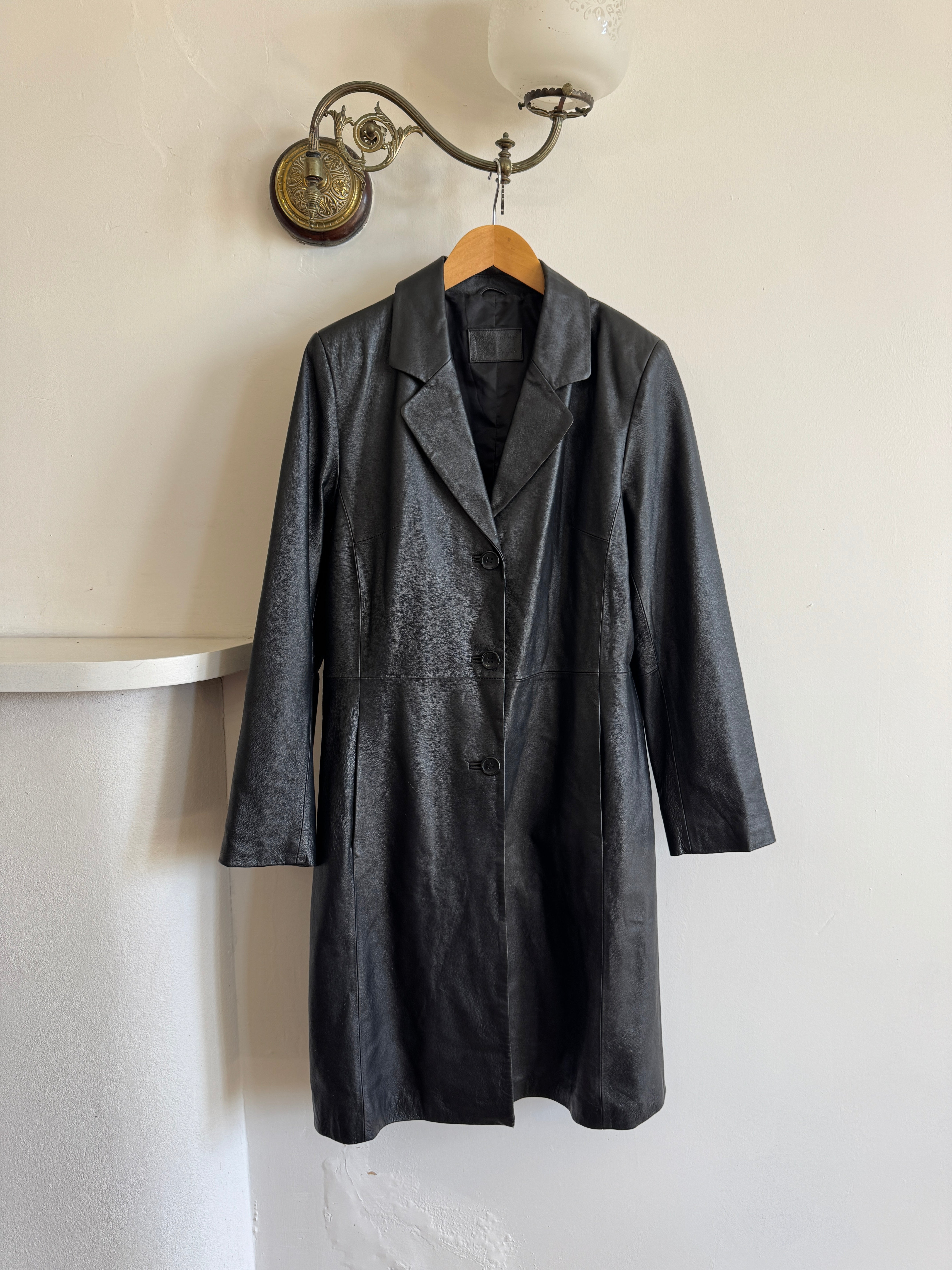 Vintage 90s Leather Mid Length Trench