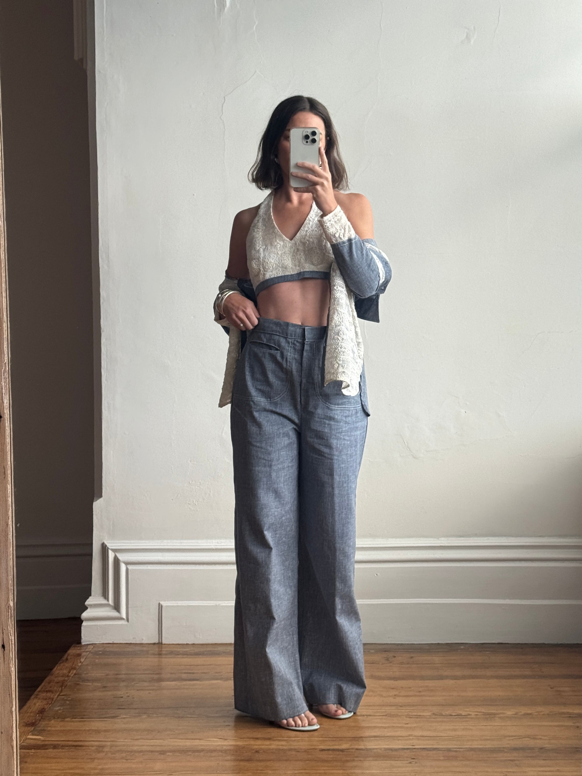 Vintage 70s 3 piece Chambray and Lace Western Set