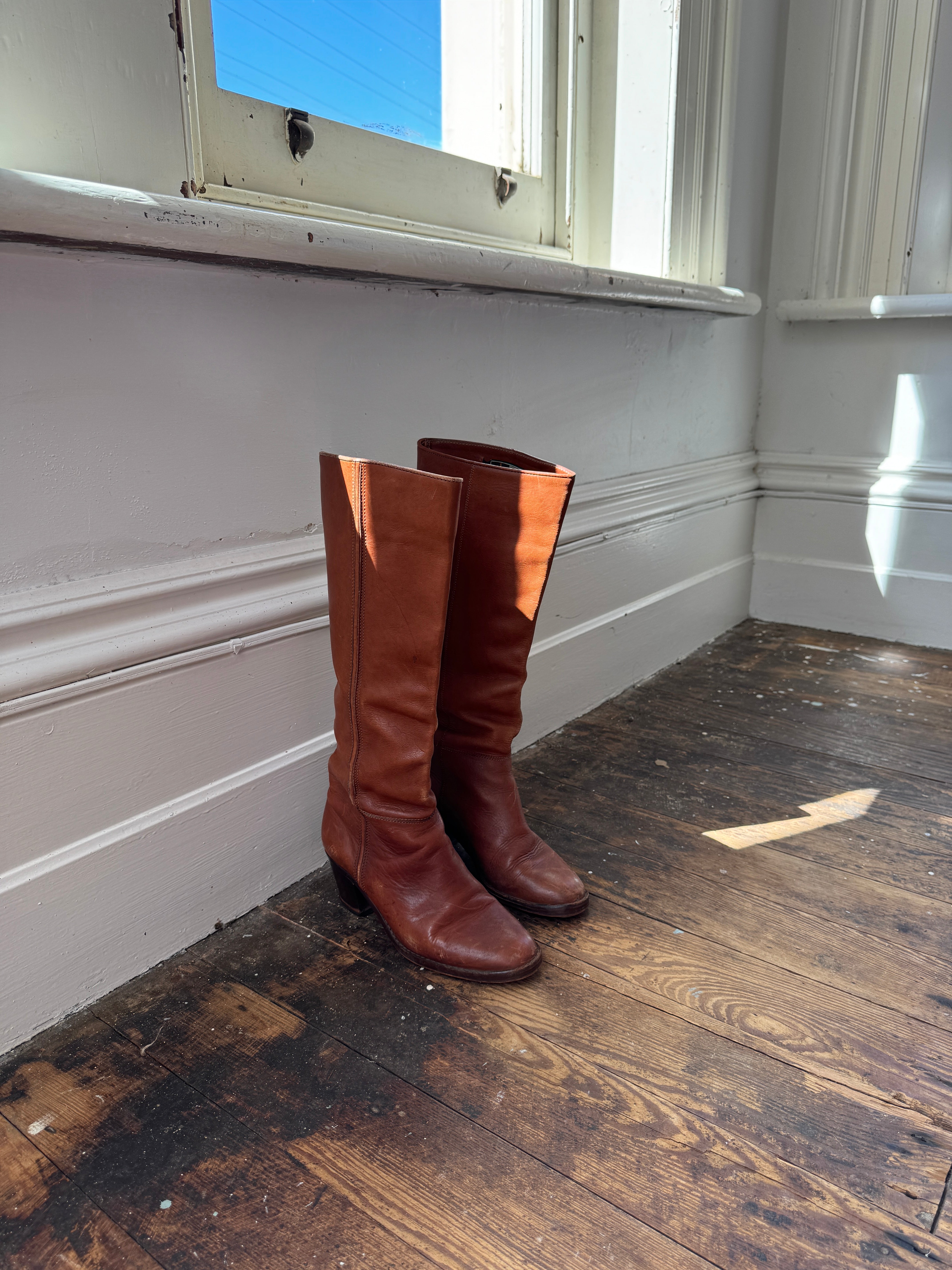 Vintage 70s Cognac Leather Calf High Boots Made in Brazil