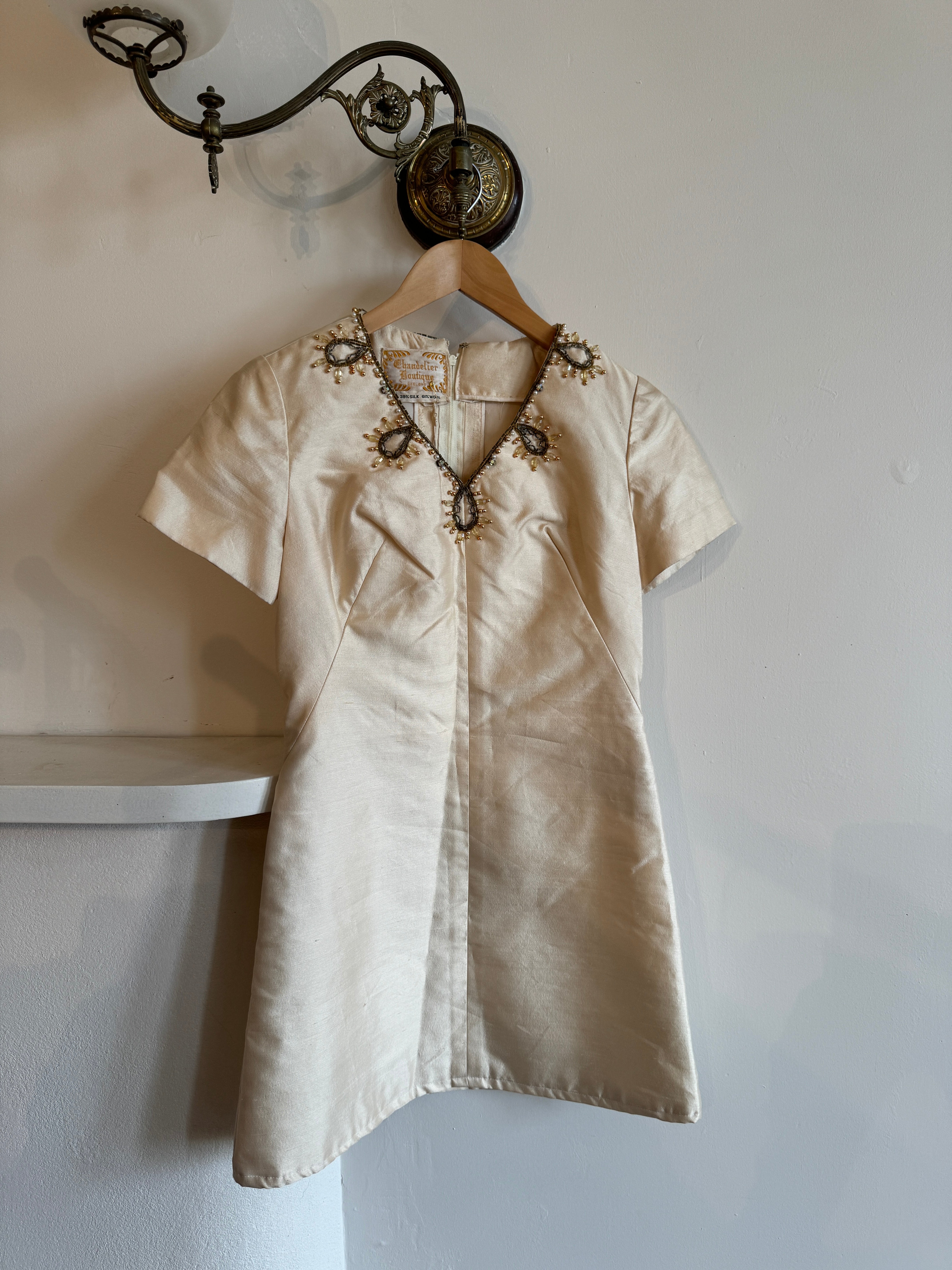 Vintage Silk and Wool Beaded Micro Mini Dress Creme