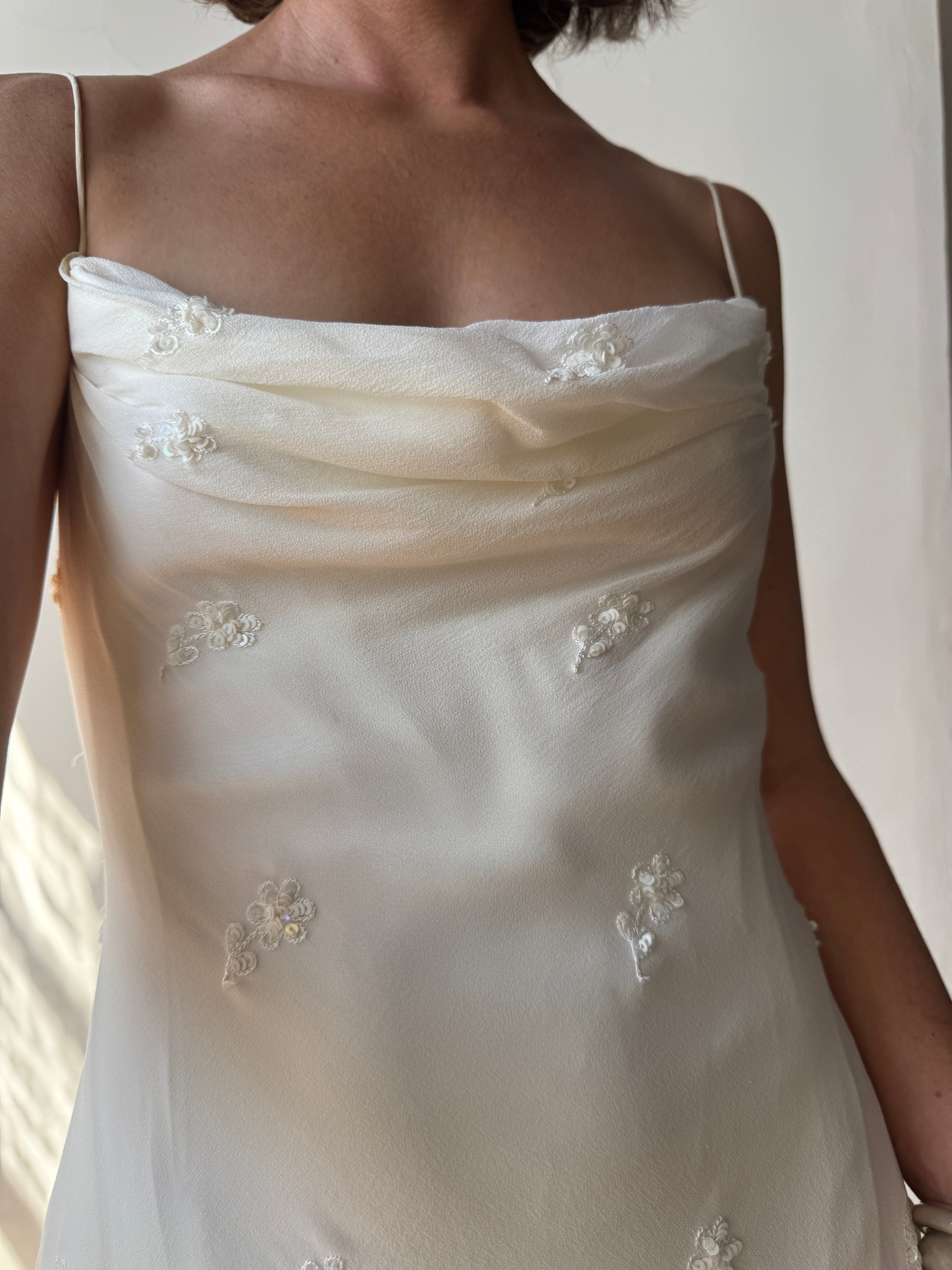 Vintage 90s Pure Silk Bias Cut Slip Embroidered Wedding Dress