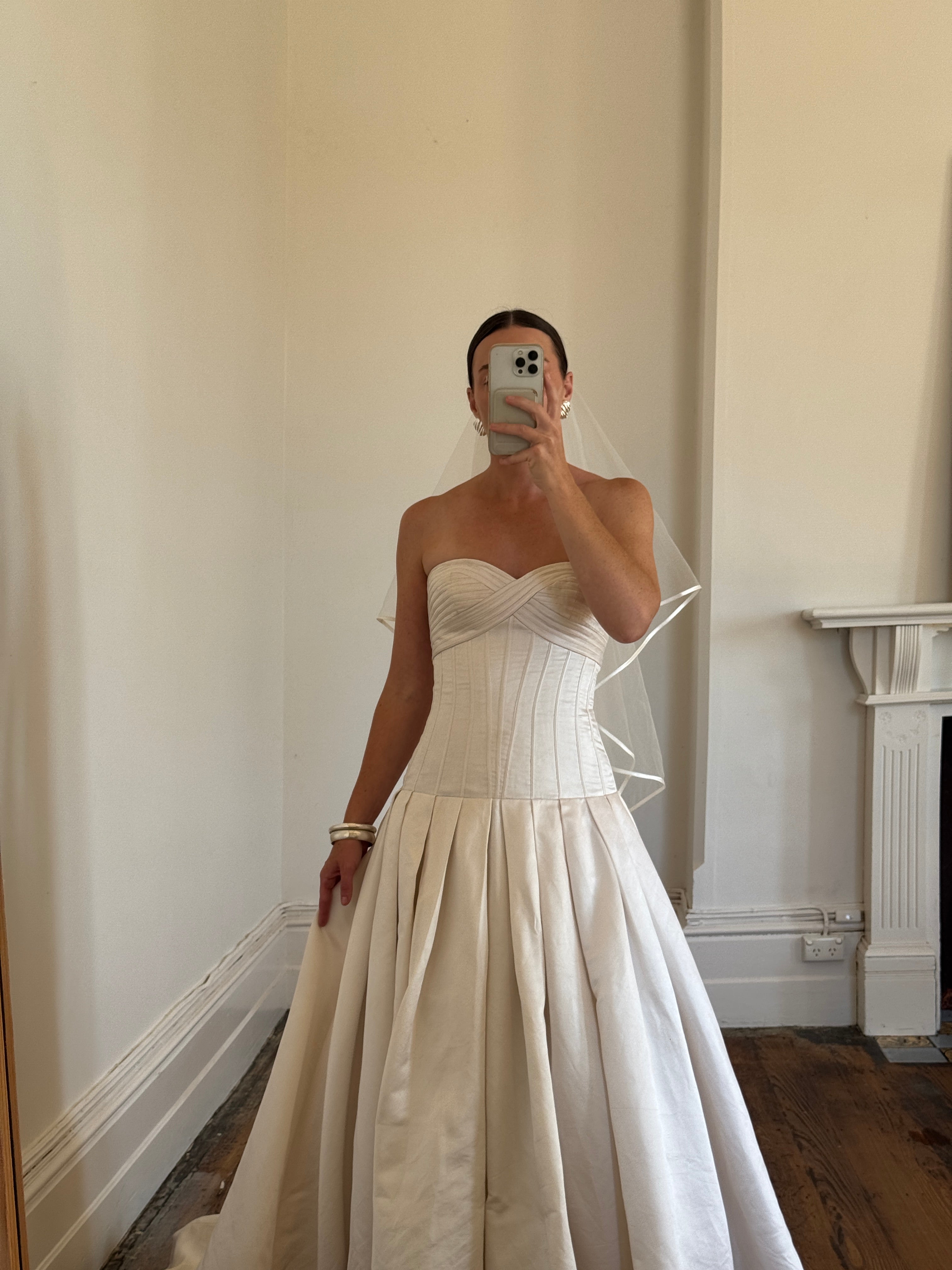 Vintage Y2K Pure Silk Drop Waist Satin Strapless Wedding Gown
