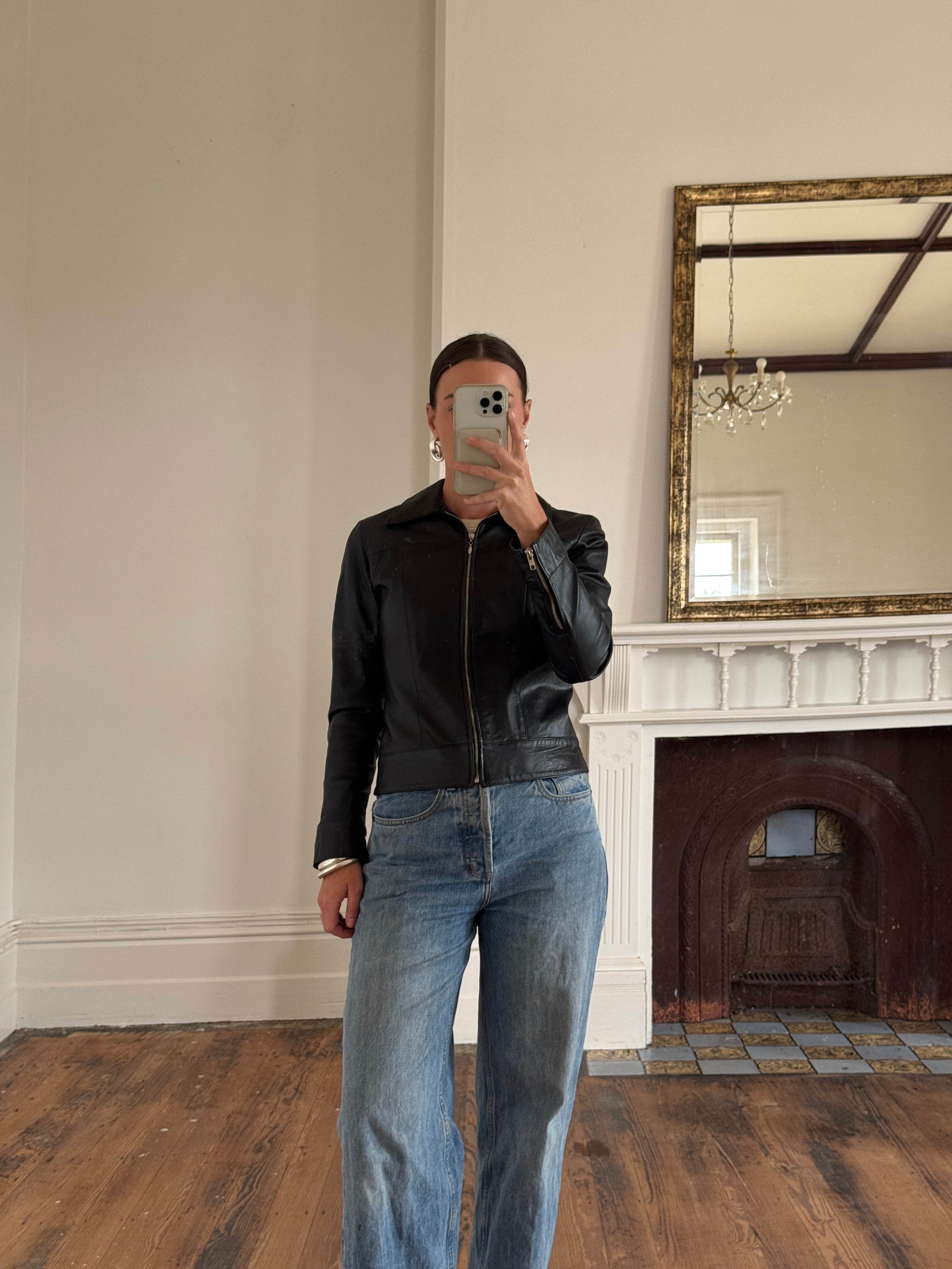 Vintage 90s Cropped Zip Front Leather Jacket