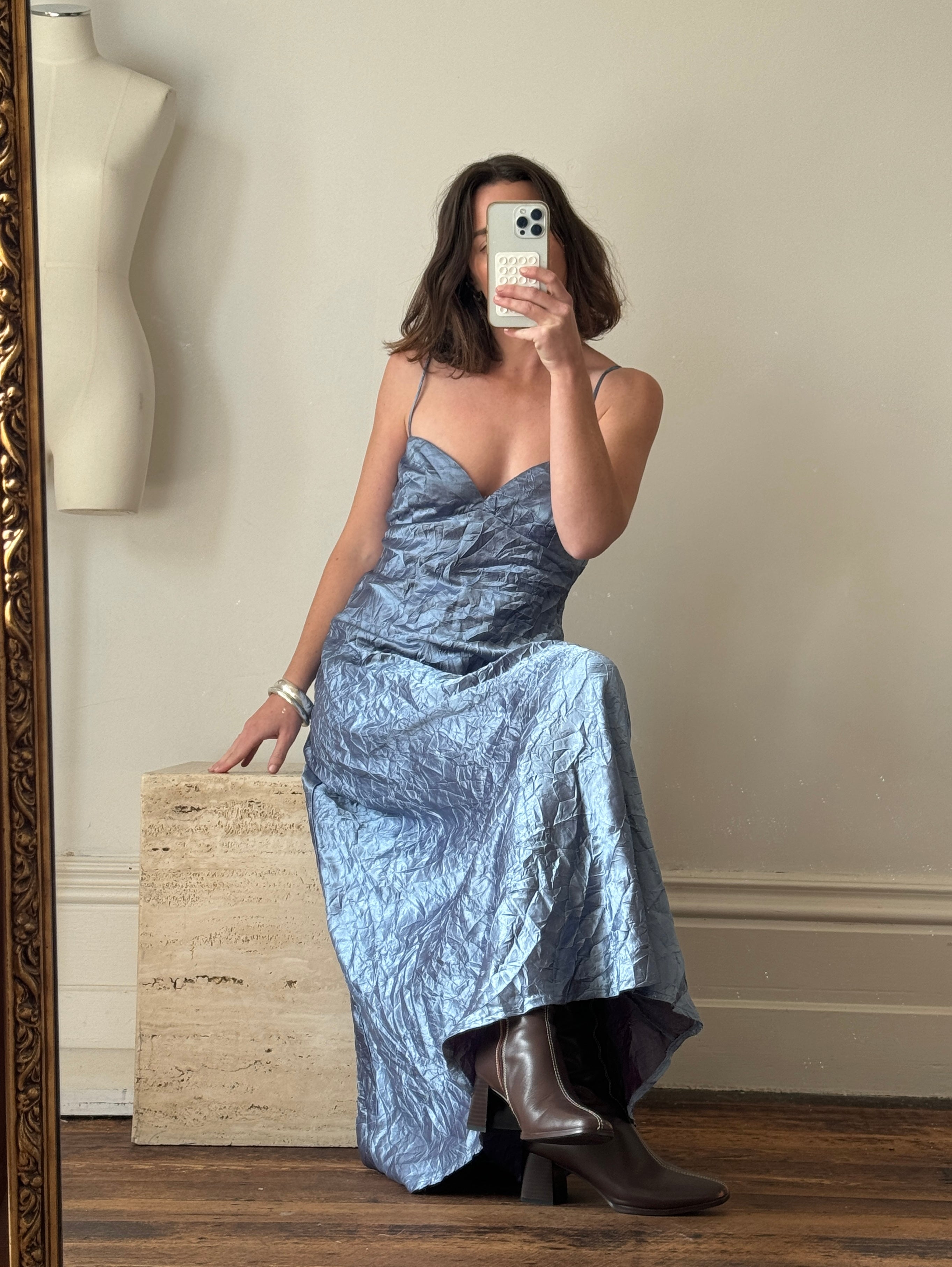 Vintage 90s Blue Crinkle Bias Slip Dress