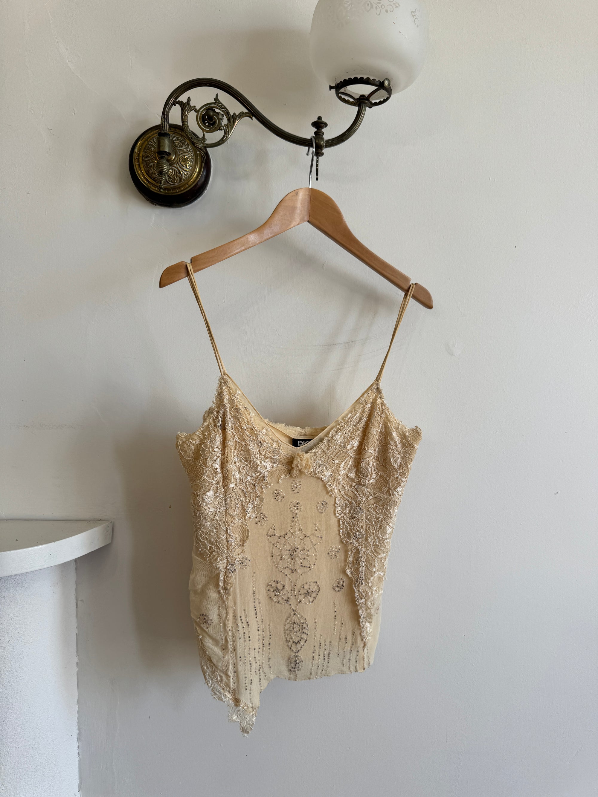 Vintage 90s DKNY Pure Silk Embroidered Camisole Creme