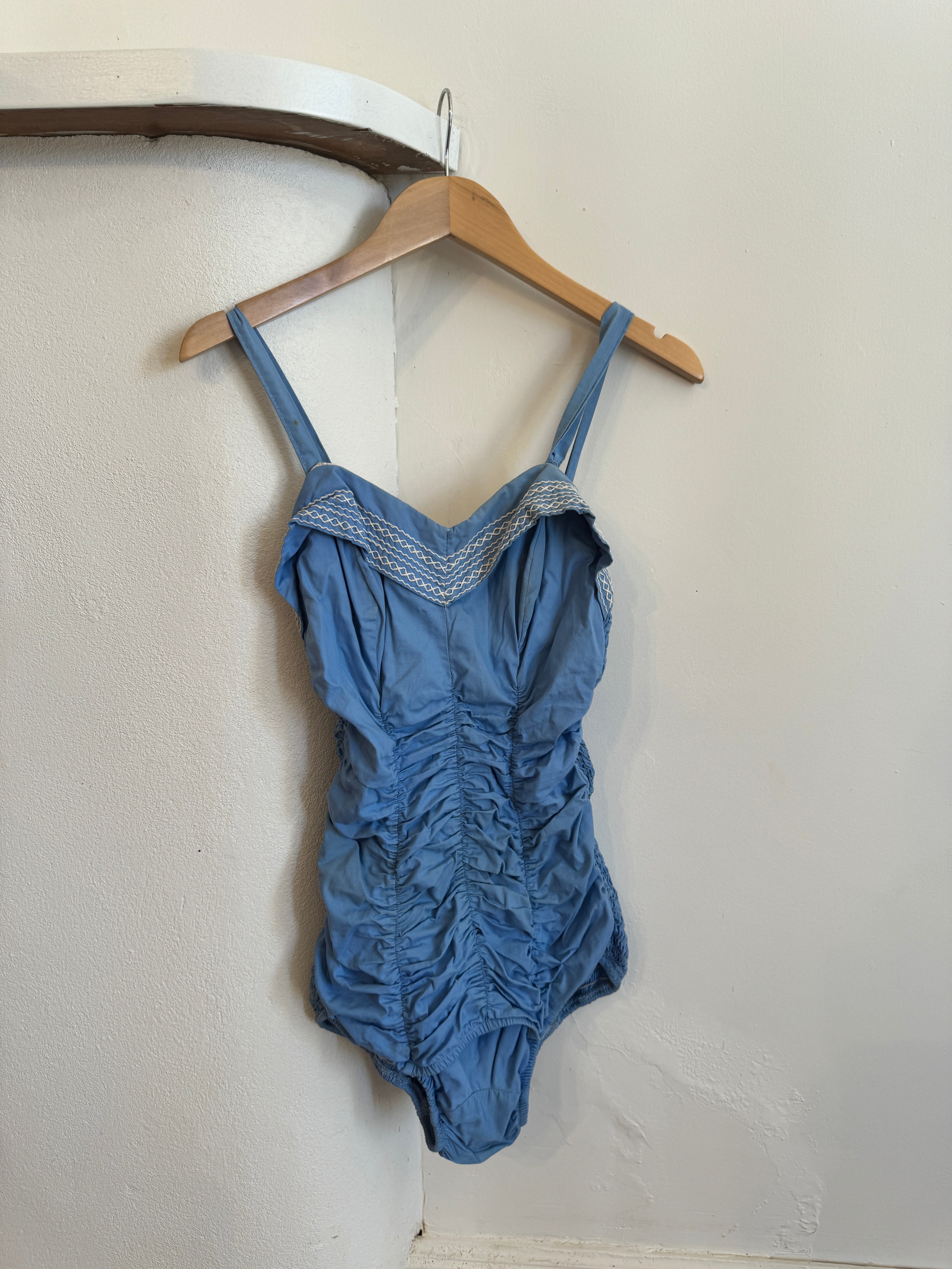 Vintage 1960s Cornflower Blue Ruched Swimsuit