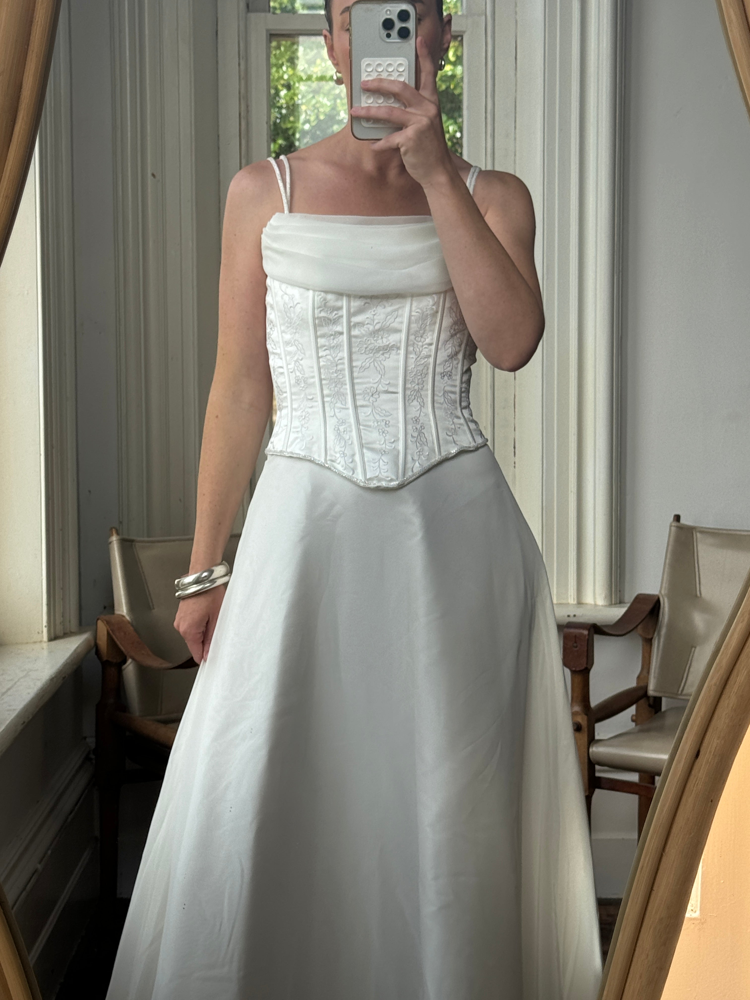 Vintage 90s Cowl Neck Jacquard Bodice Satin Wedding Dress