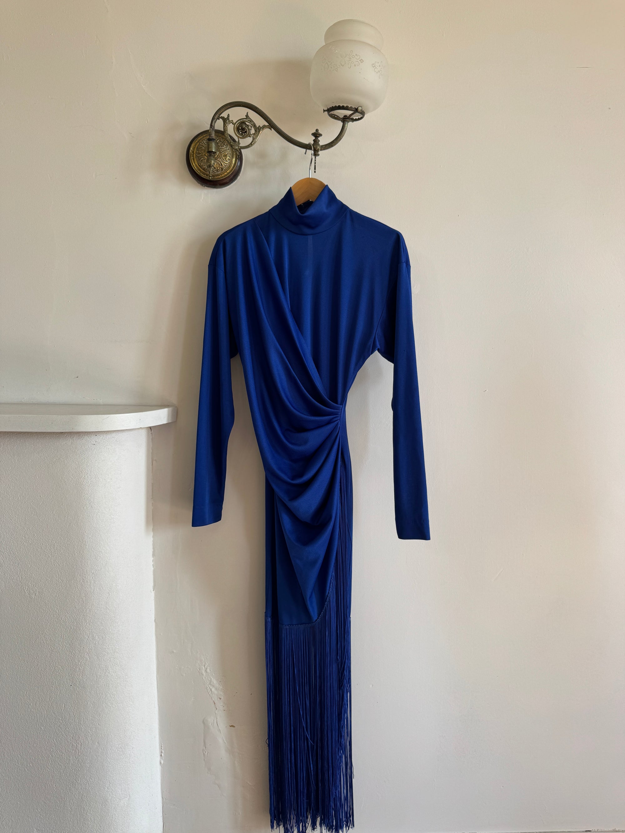 Vintage 80s Royal Blue Long Sleeve Fringe Dress
