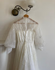 Vintage 70s Embroidered Prairie Long Sleeved Wedding Gown