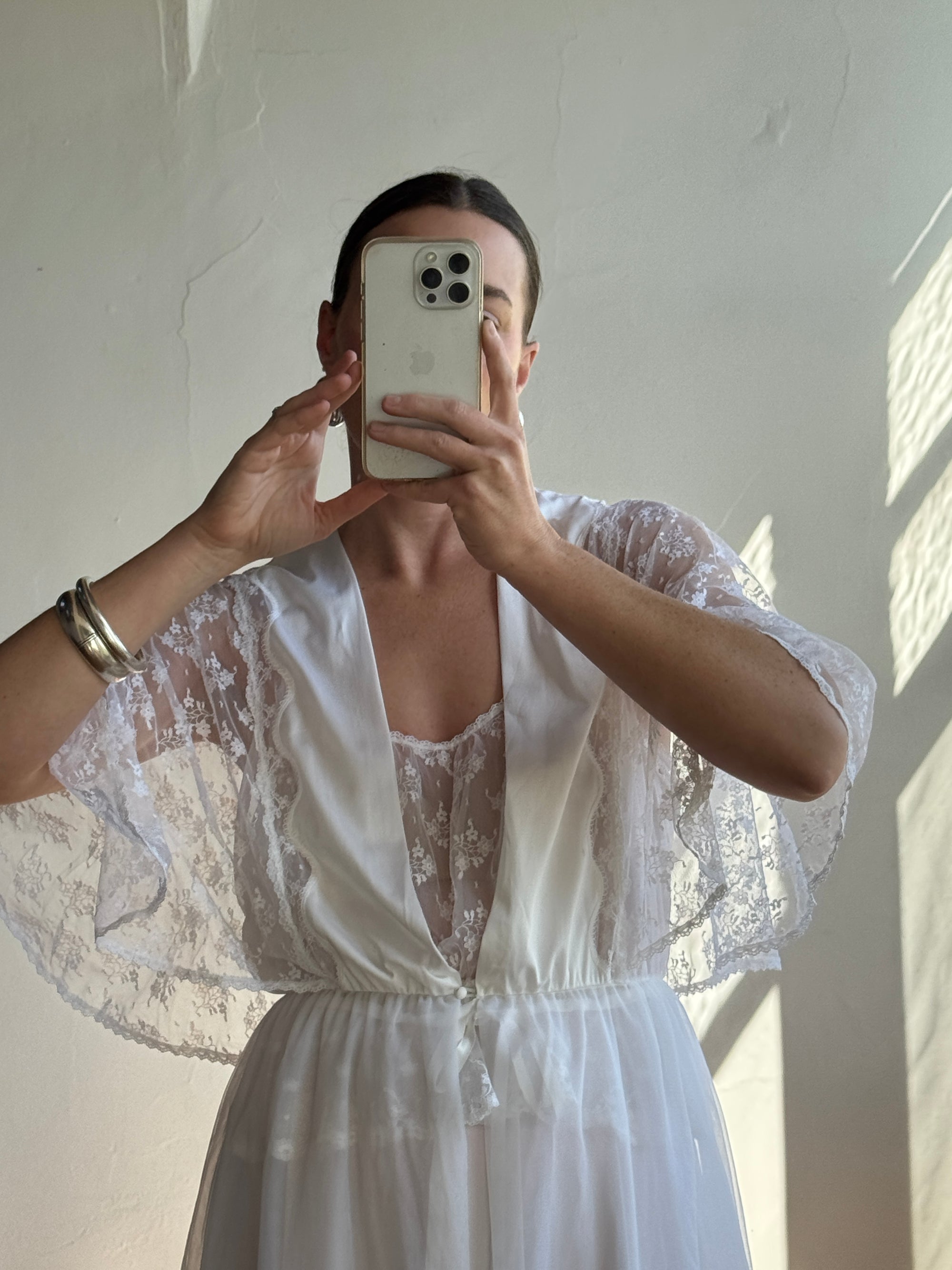 Vintage 80s Lace Peignoir and Slip Set