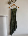Vintage 90s Pure Silk Embellished Asymmetrical Midi Dress Olive