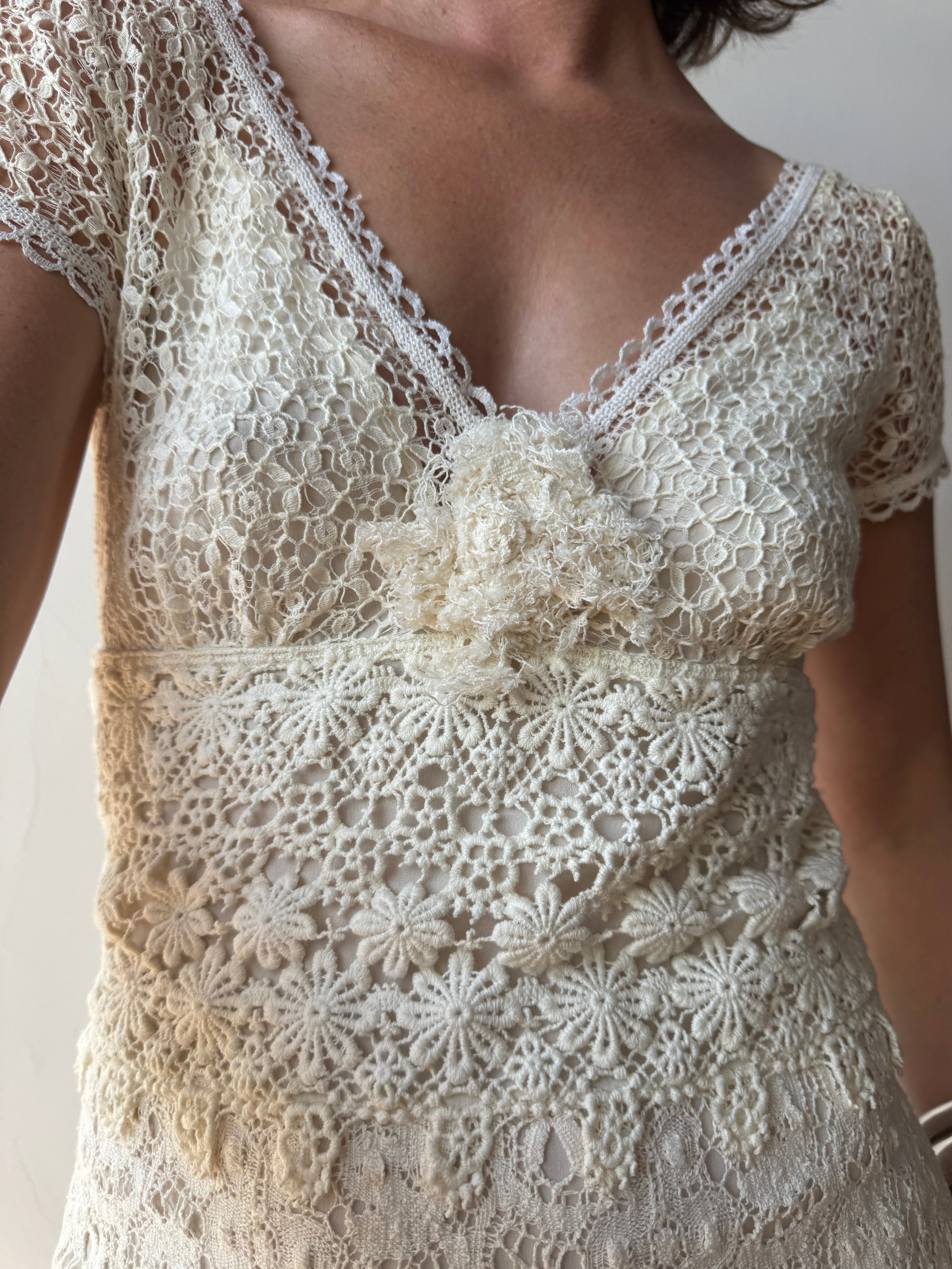 Vintage Y2K Designer Pure Silk and Cotton Crochet Wedding Dress