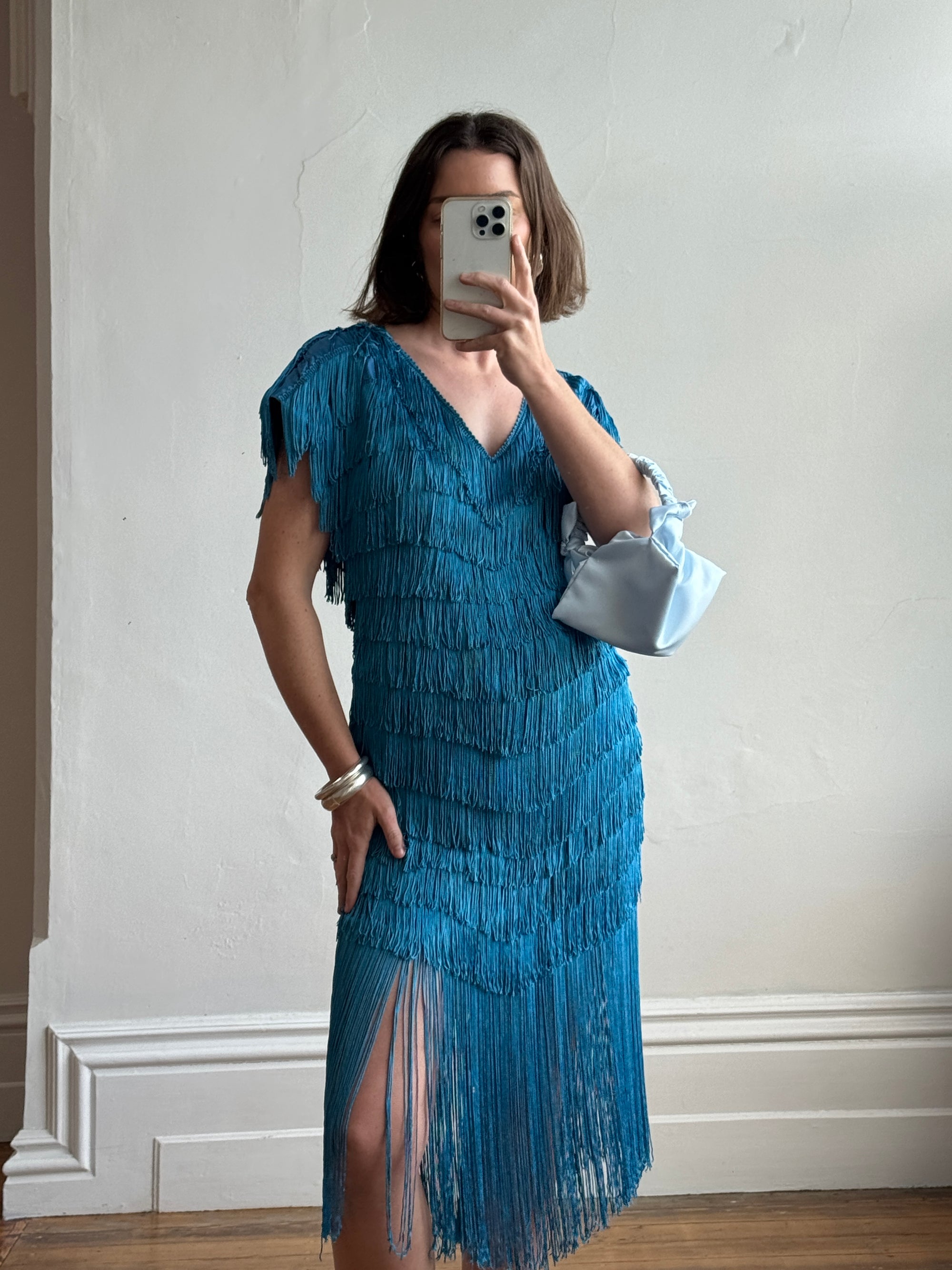 Vintage 80s Fringe Party Dress Ocean Blue