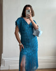 Vintage 80s Fringe Party Dress Ocean Blue