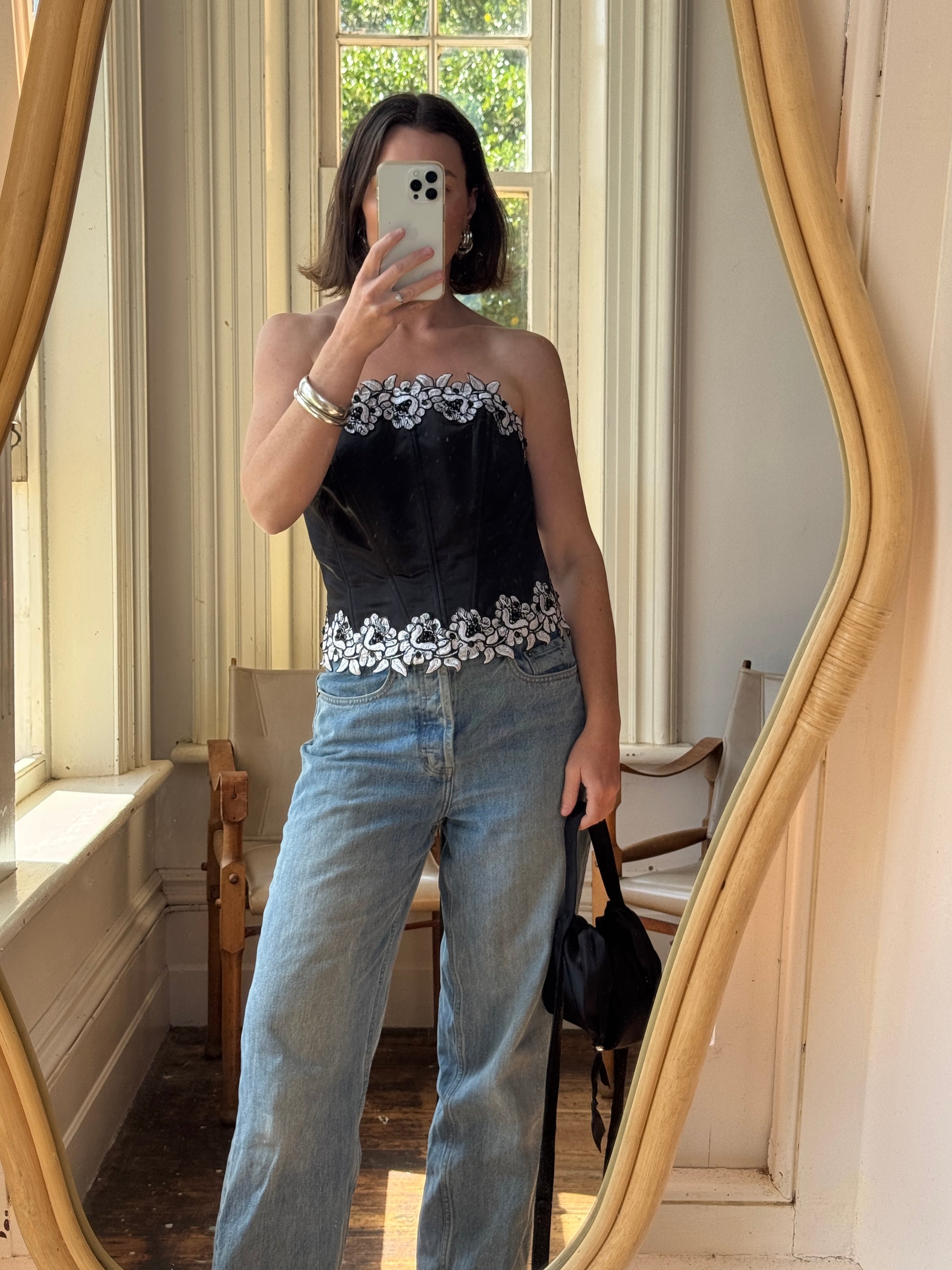 Vintage 90s Black Lace Up Corset with Contrast Flowers