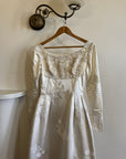 Vintage 60s Satin Jacquard Embellished Wedding Gown Ivory
