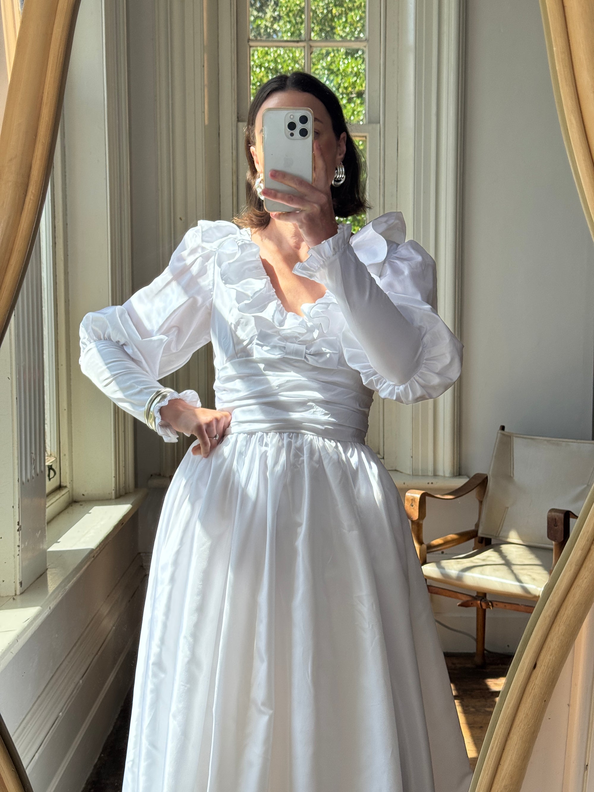 Vintage 70s Taffeta Frill Wedding Dress with Bow