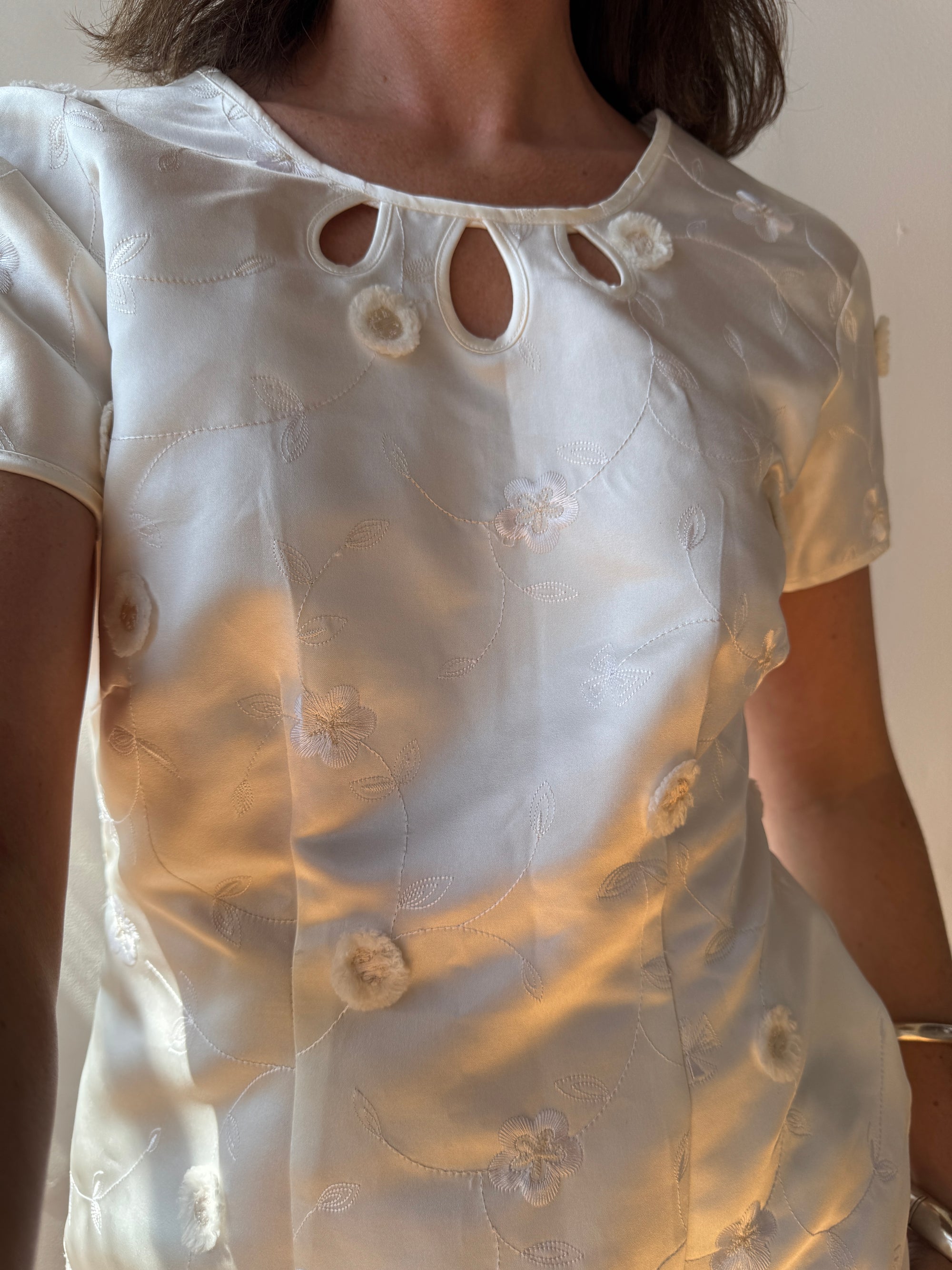 Vintage Ivory Satin Keyhole Embroidered Bridal Mini Dress