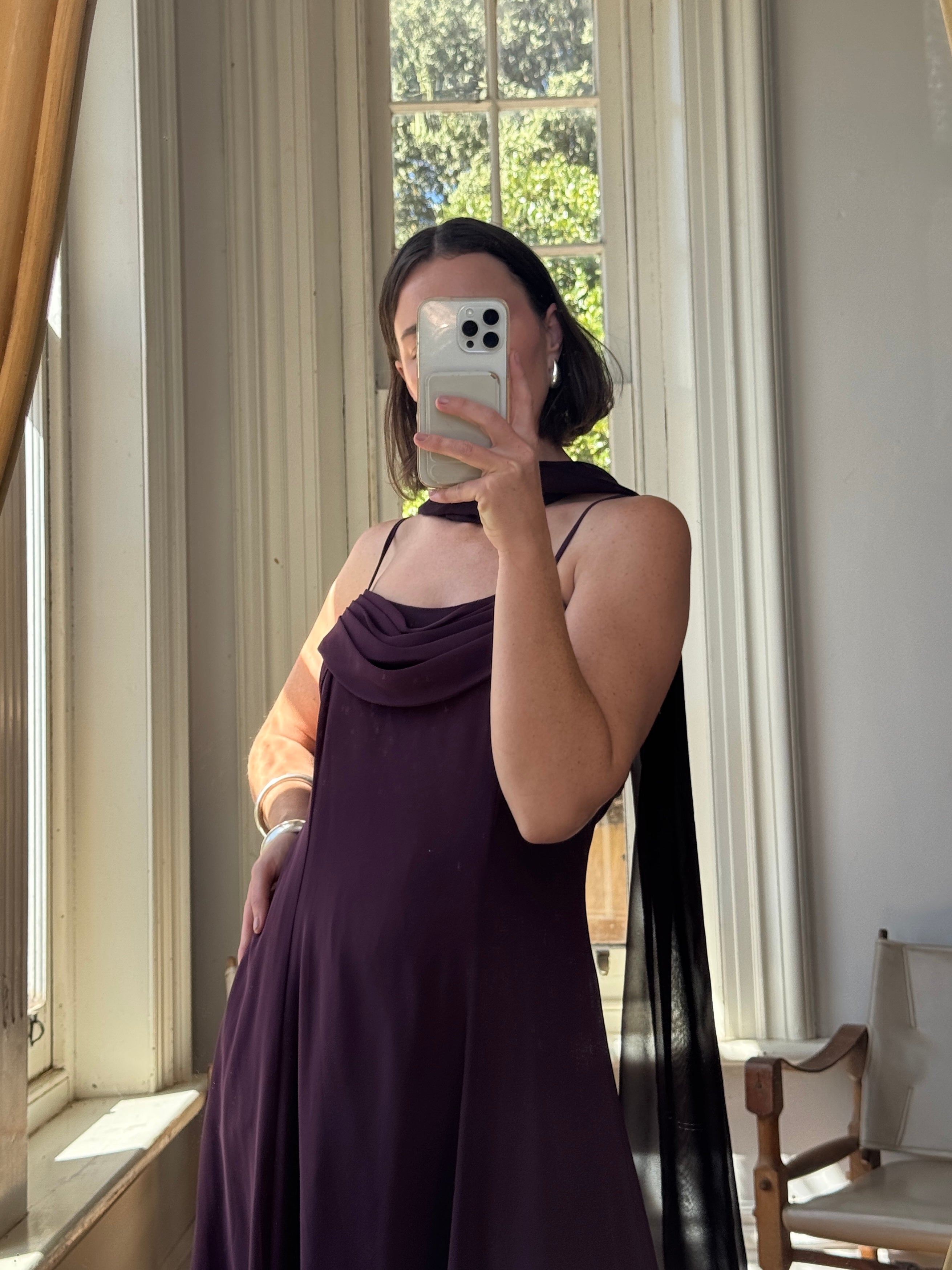 Vintage 90s Eggplant Cowl Neck Dress With Scarf