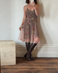 Vintage Y2K Mocha Silk Mesh Fairy Dress Sequin Floral