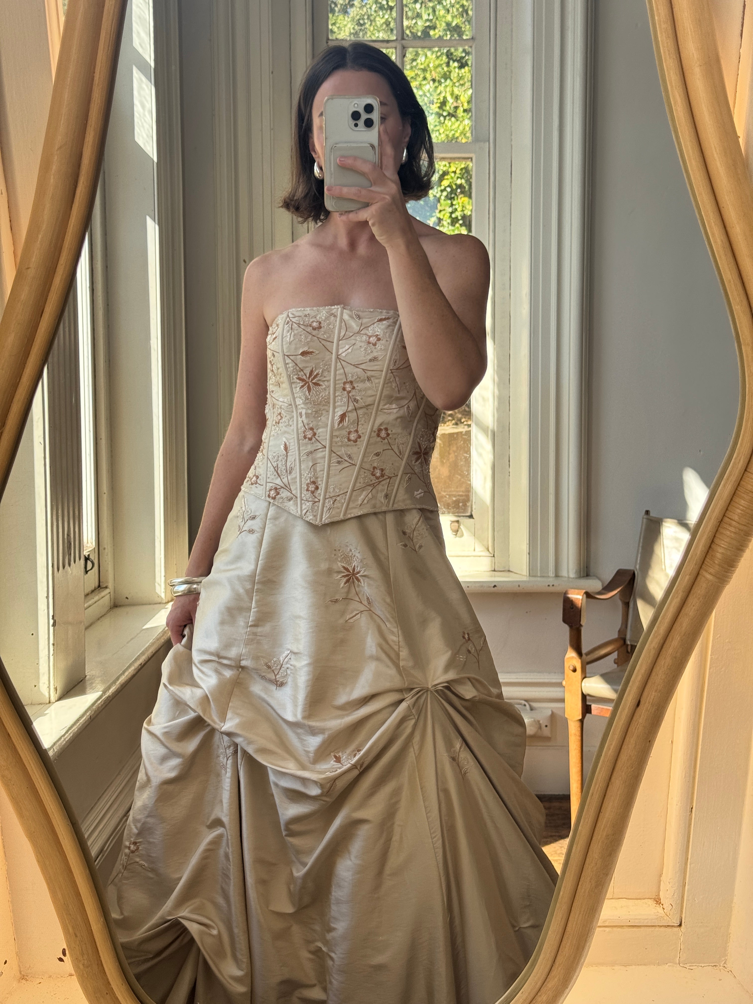 Vintage 90s Golden Embroidered Princess Strapless Gown