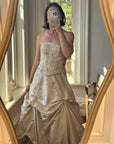Vintage 90s Golden Embroidered Princess Strapless Gown