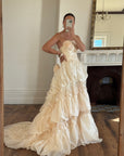 Vintage 90s Strapless Rosette Bubble Wedding Gown Peachy Creme
