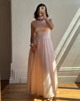 Vintage 60s Chiffon Gathered Pale Pink Maxi Gown