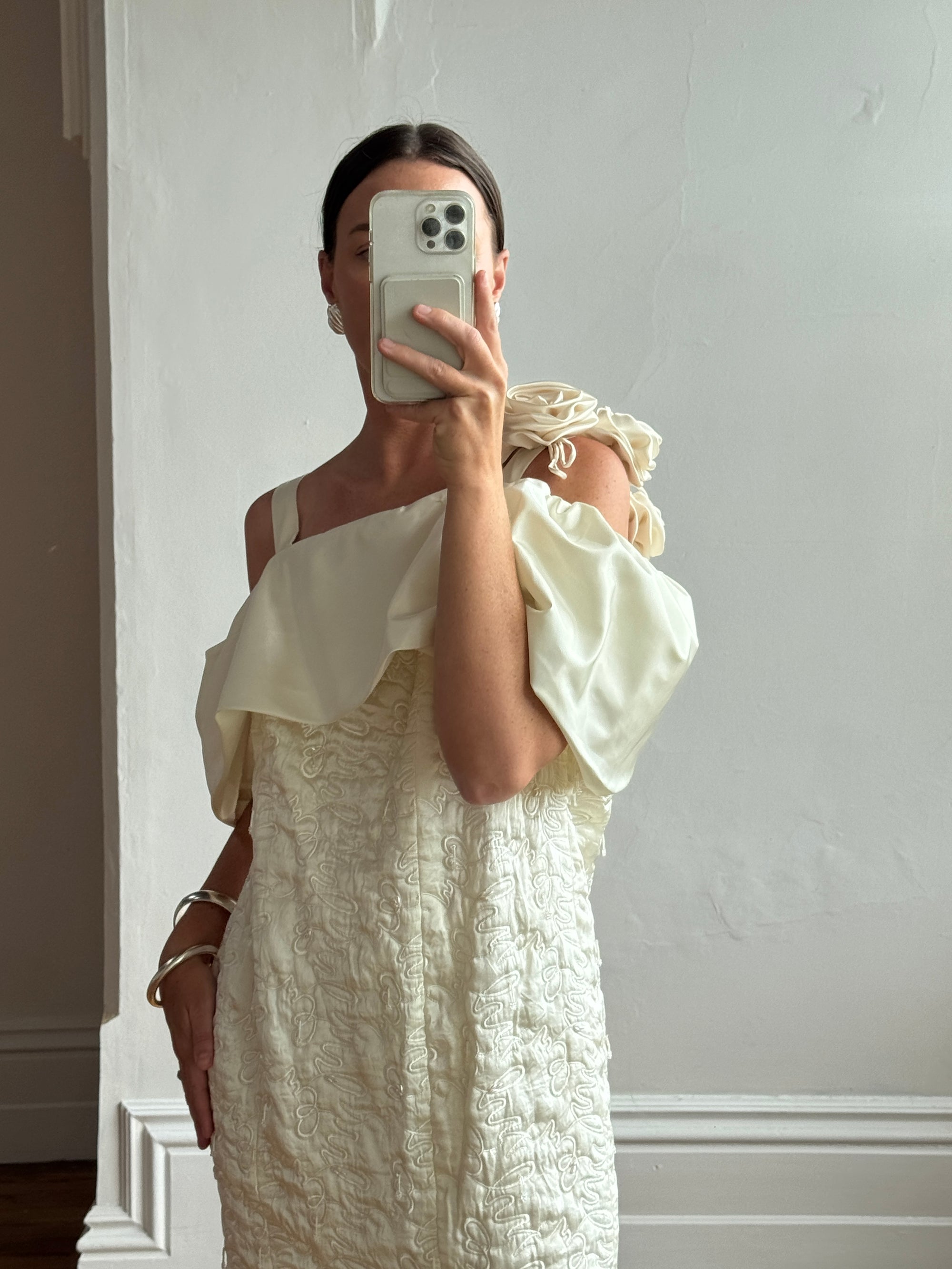 Vintage 80s Drop Waist Quilted Wedding Dress Creme