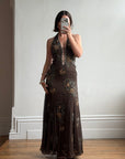 Vintage 90s Pure Silk Beaded Lace Up Dress Chocolate