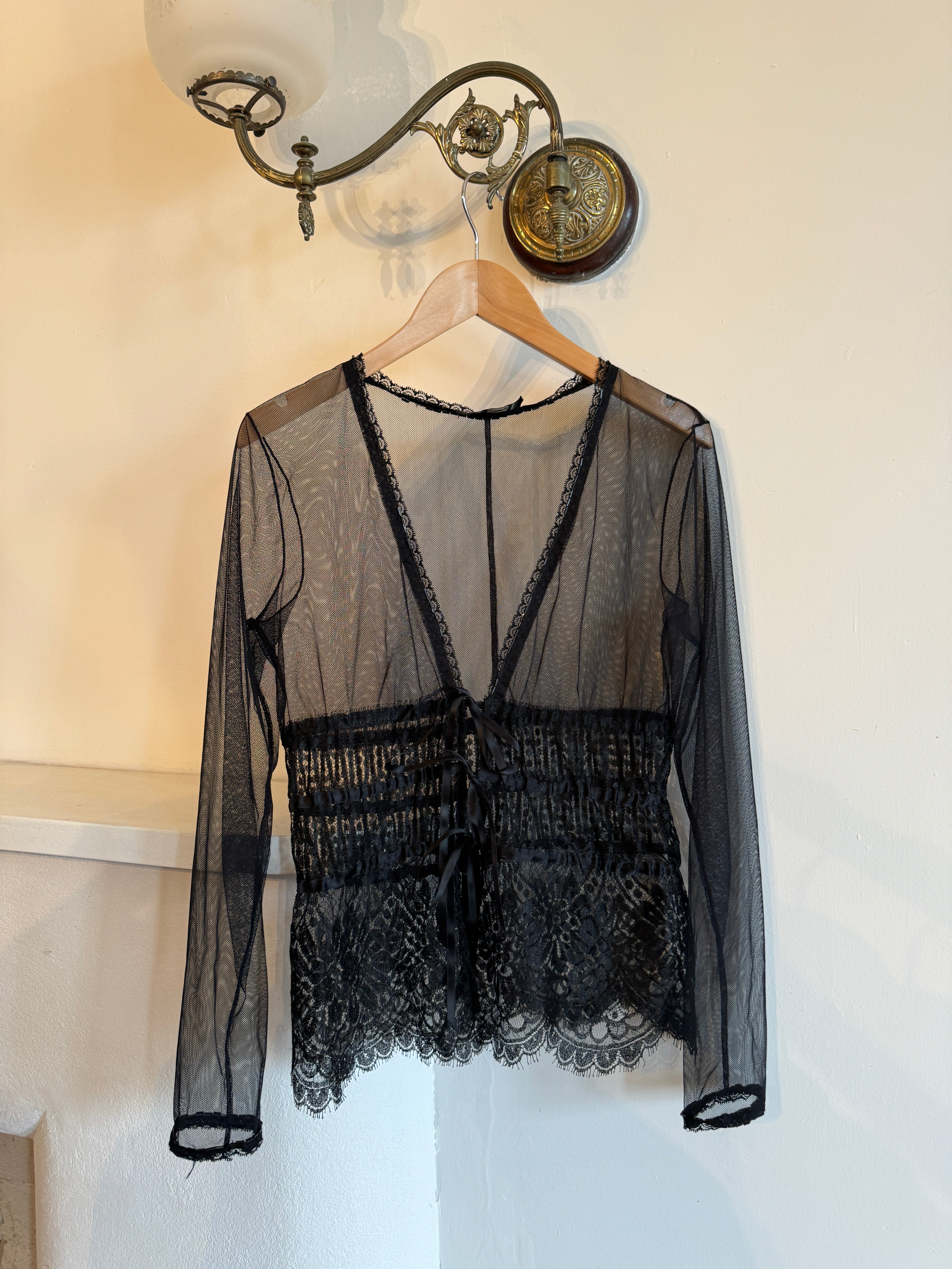 Vintage Jenny Bannister Sheer Mesh Beaded Tie Blouse