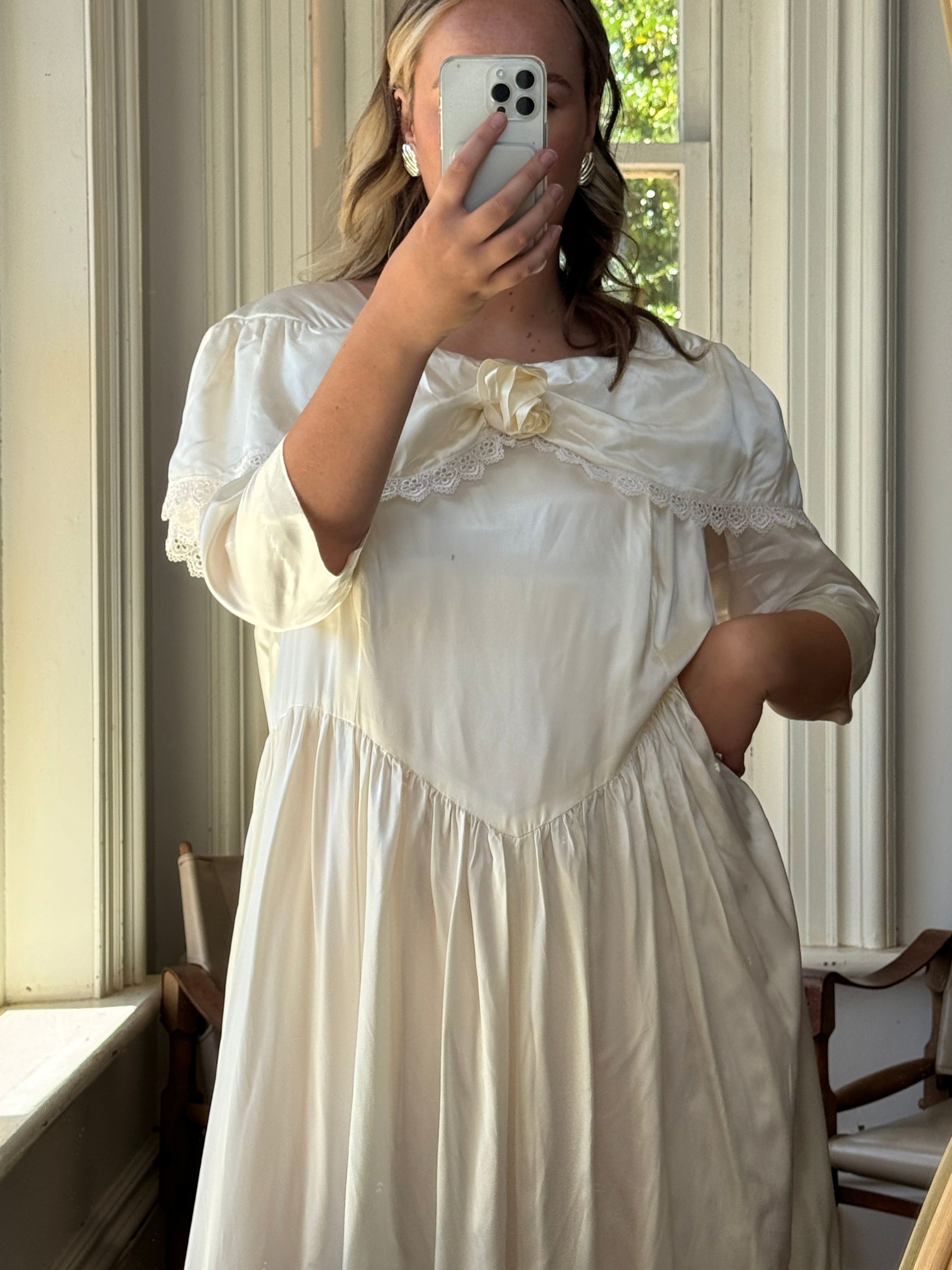 Vintage 80s Liquid Satin Basque Waist Wedding Dress