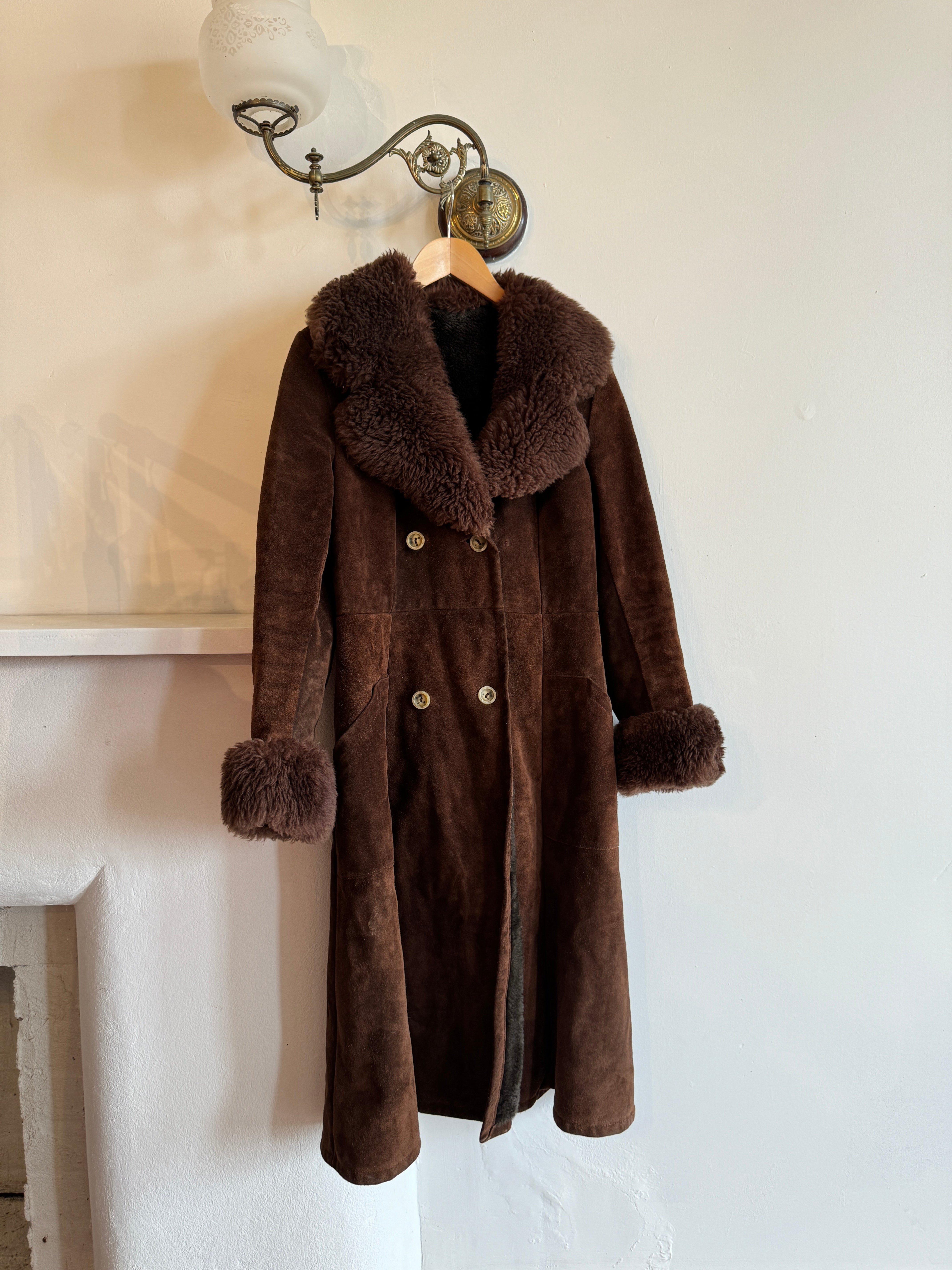 Vintage Suede Leather and Shearling Coat Chocolate Brown