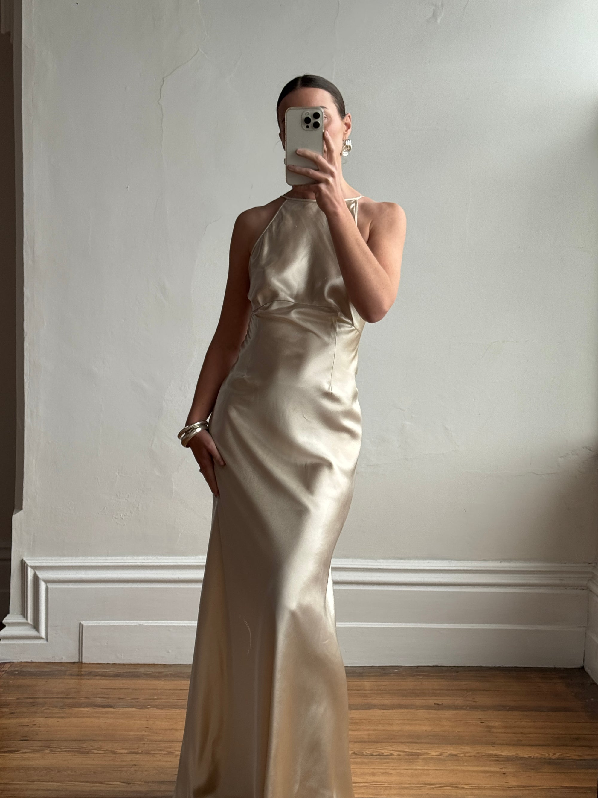 Vintage 90s Plein Sud Champagne Satin Halter Gown