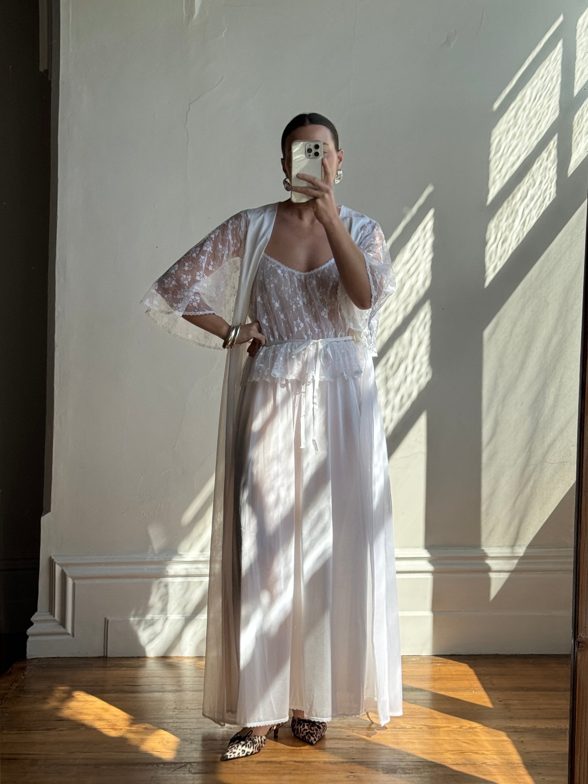 Vintage 80s Lace Peignoir and Slip Set