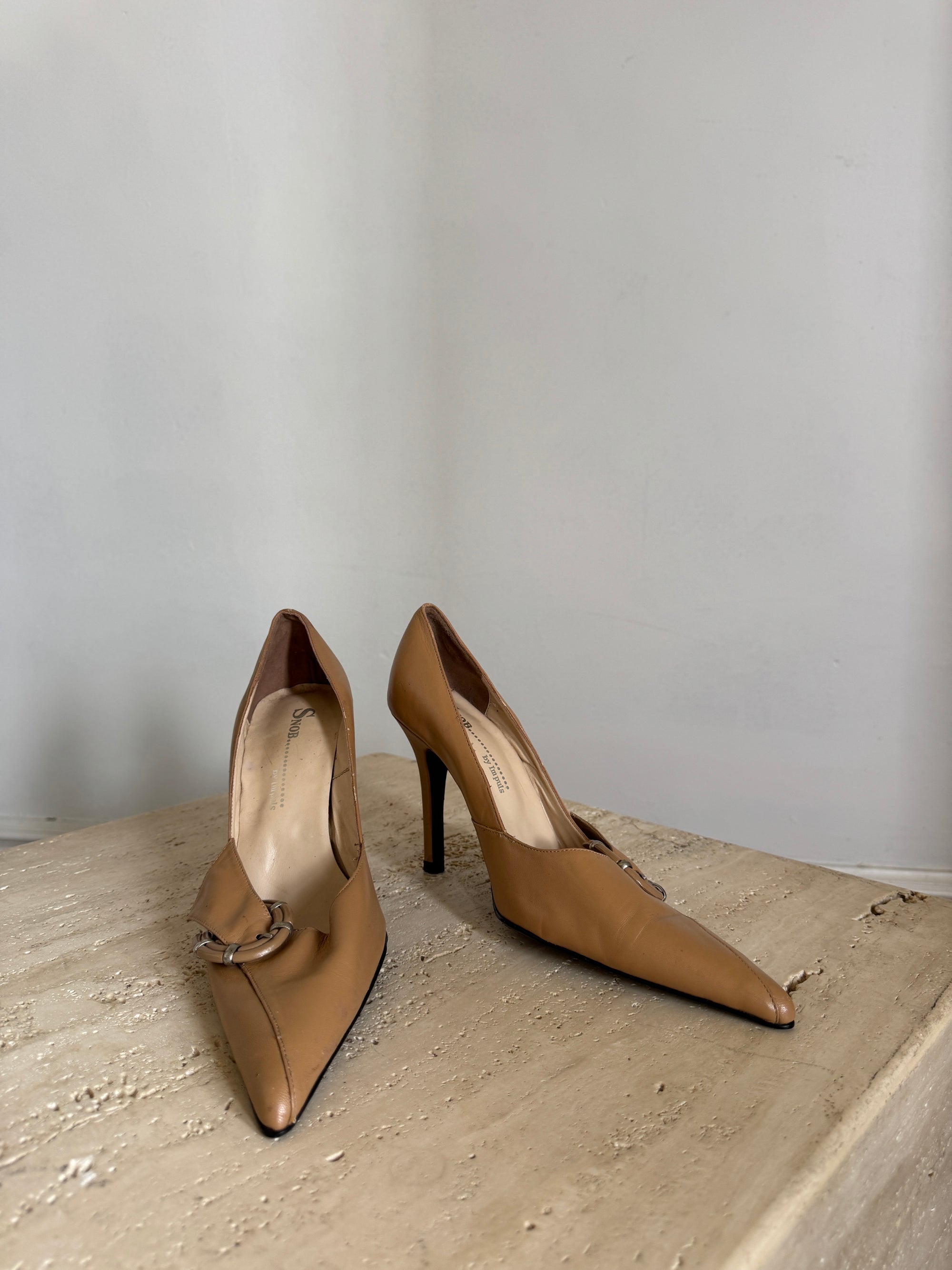 Vintage Y2K Tan Leather Buckle Stiletto Heels