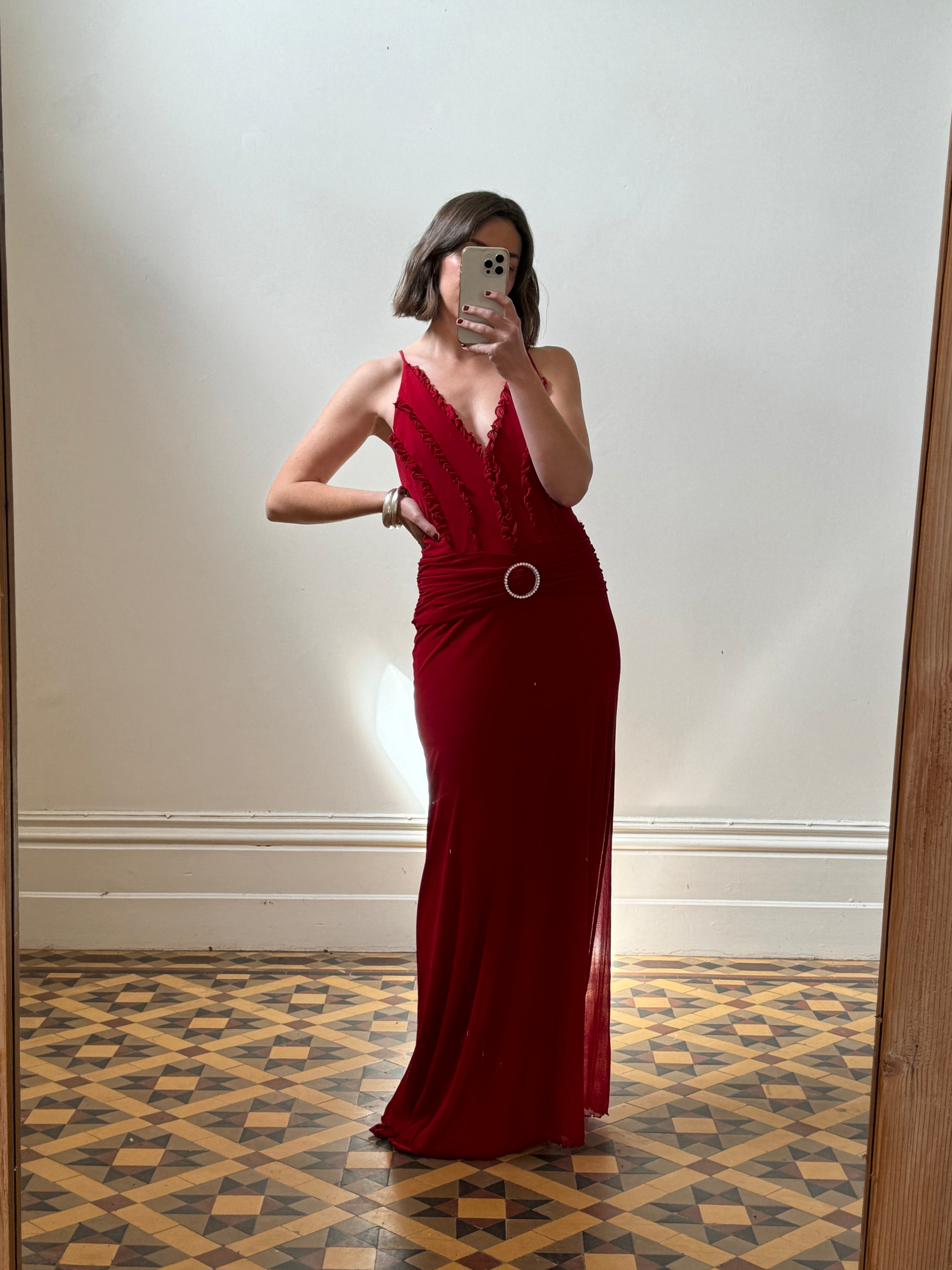 Vintage 90s Flame Red Ruffle Evening Dress with Rhinestone Belt