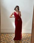 Vintage 90s Flame Red Ruffle Evening Dress with Rhinestone Belt