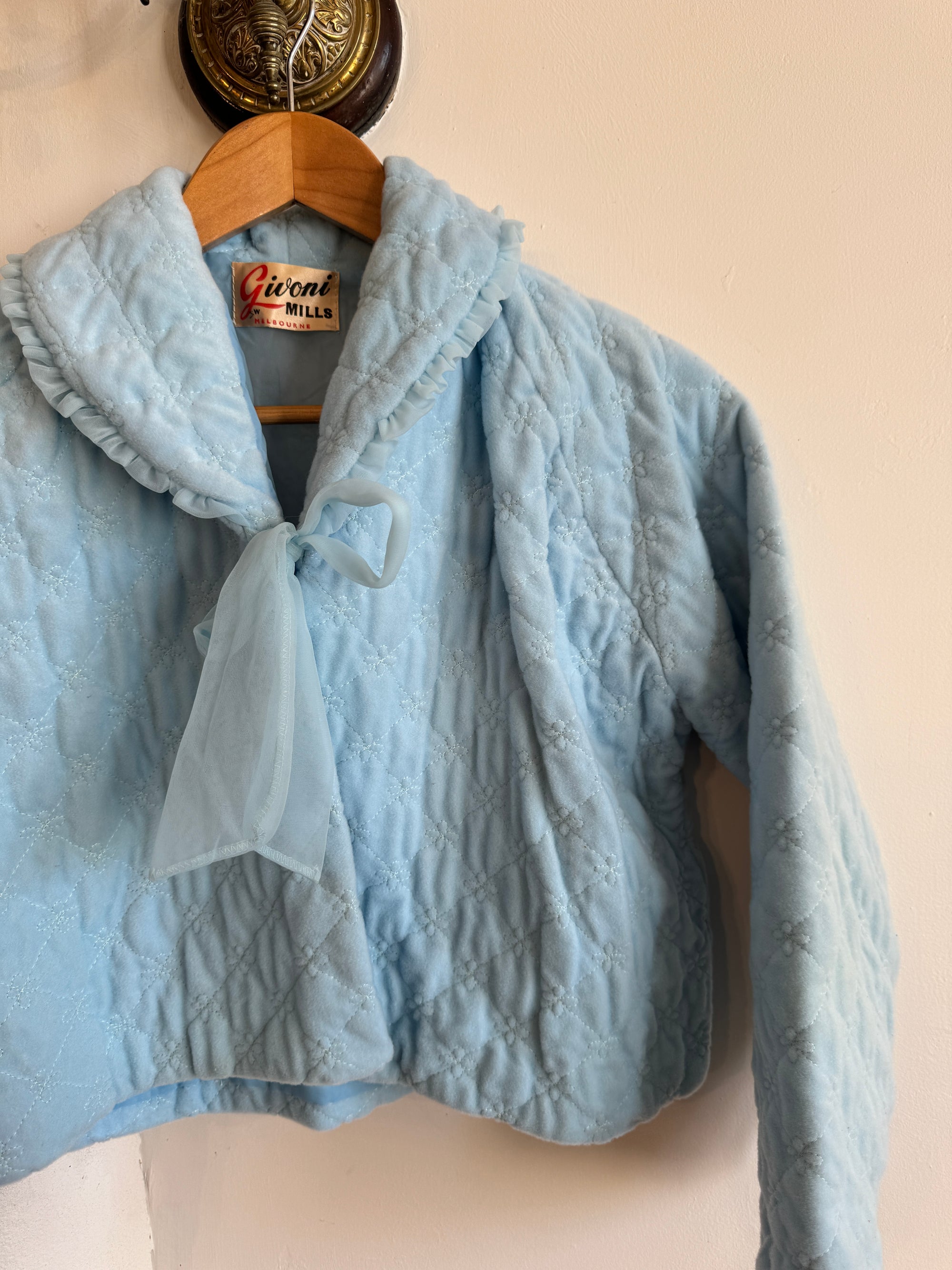 Vintage 50s Cropped Quilted Tie Cardi Sky Blue