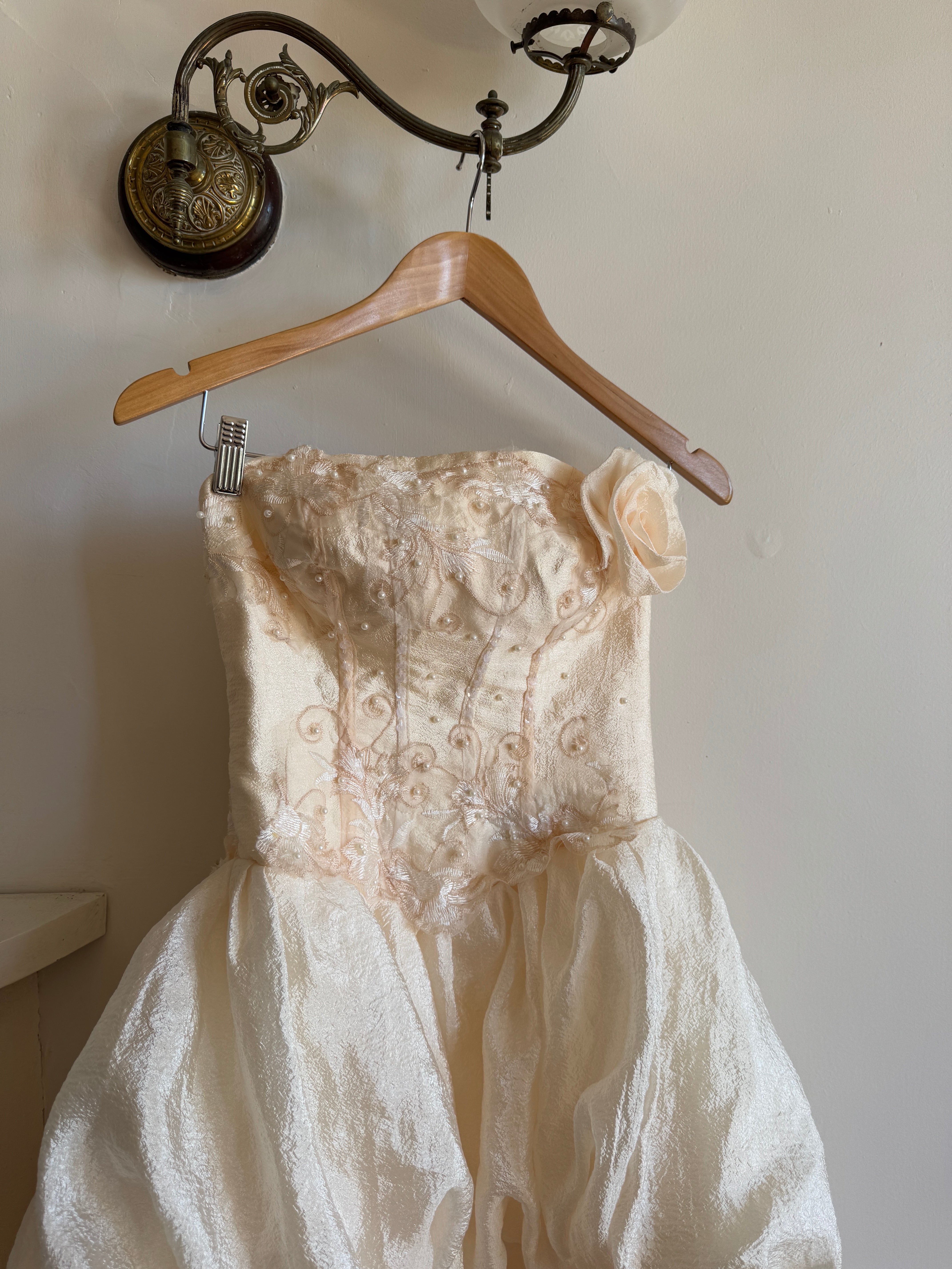 Vintage 90s Strapless Rosette Bubble Wedding Gown Peachy Creme