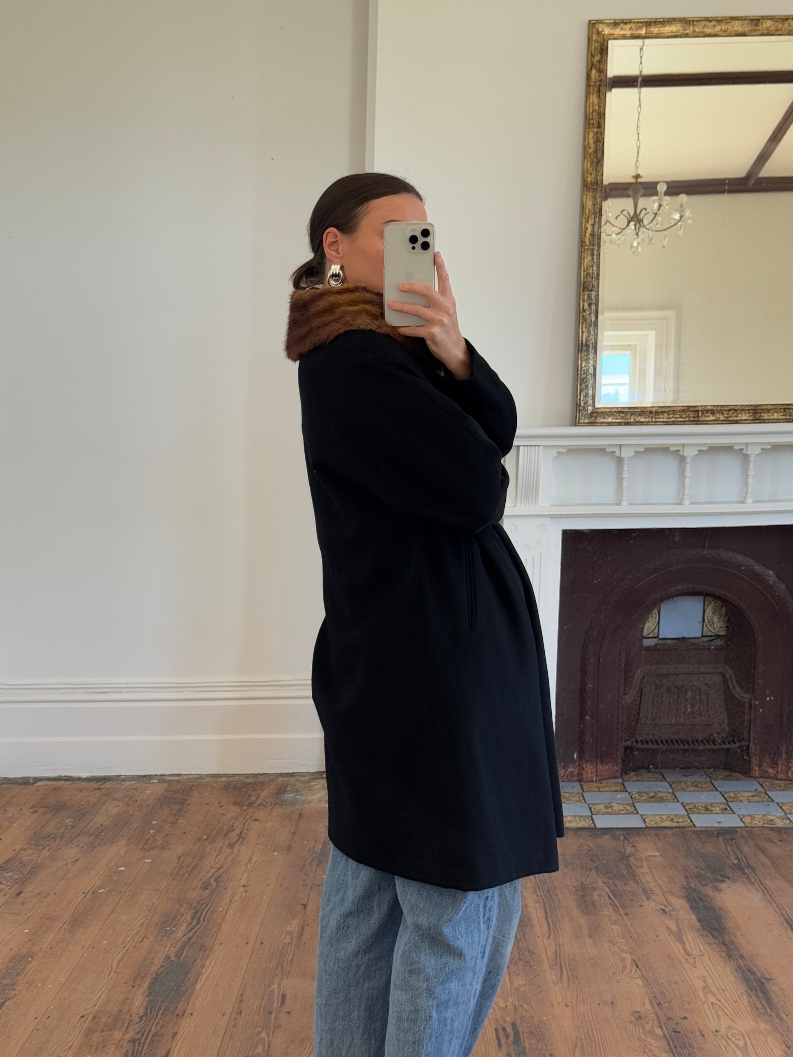 Vintage 60s Noir Pure Wool Mid Length Overcoat with Fur Collar