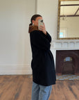 Vintage 60s Noir Pure Wool Mid Length Overcoat with Fur Collar