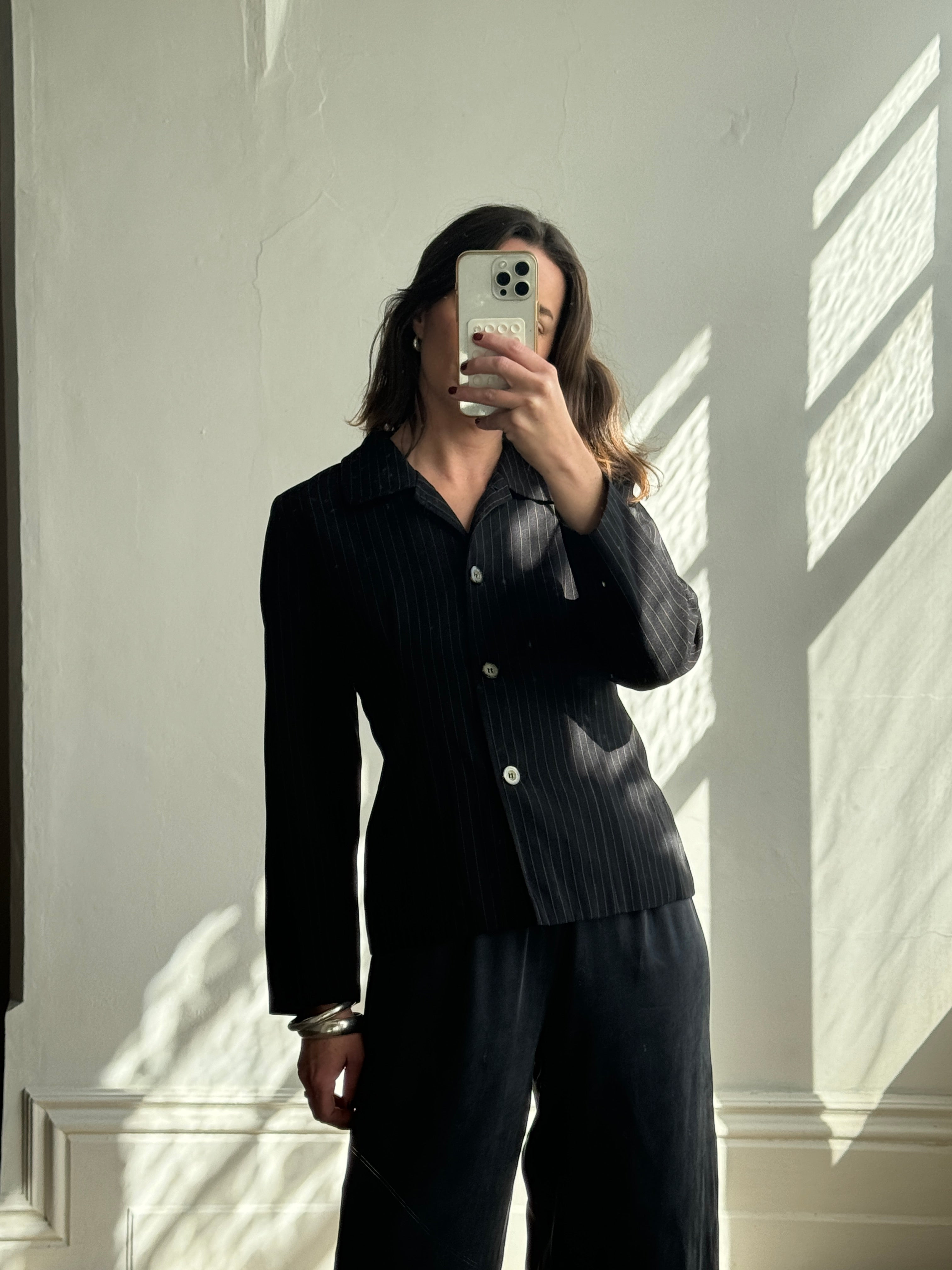 Vintage 90s Pinstripe Fitted Blazer Black