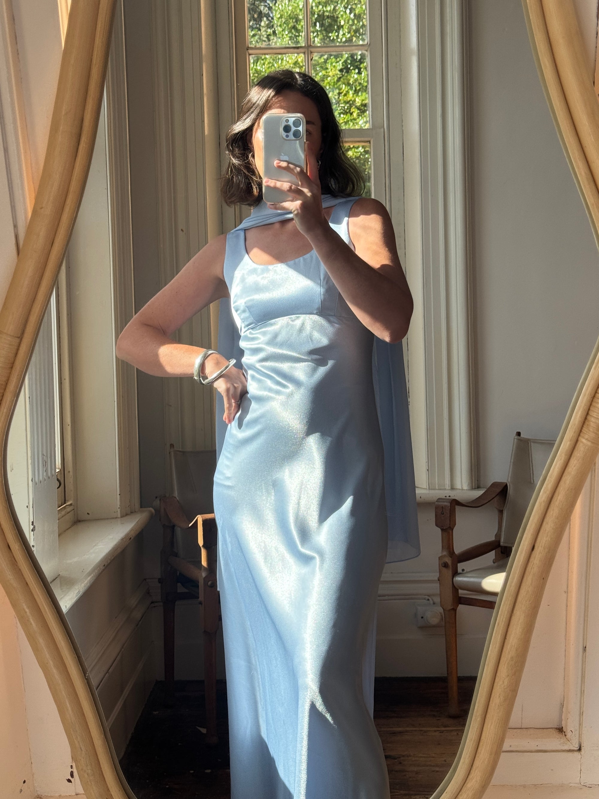 Vintage 90s Australian Made Satin Prom Dress with Scarf Ice Blue