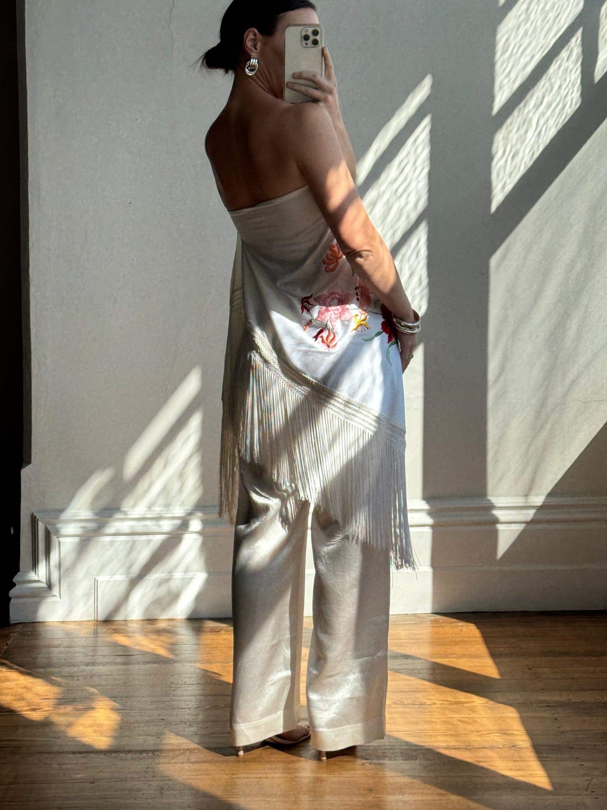 Vintage Embroidered Large Spanish Flamenco Scarf White