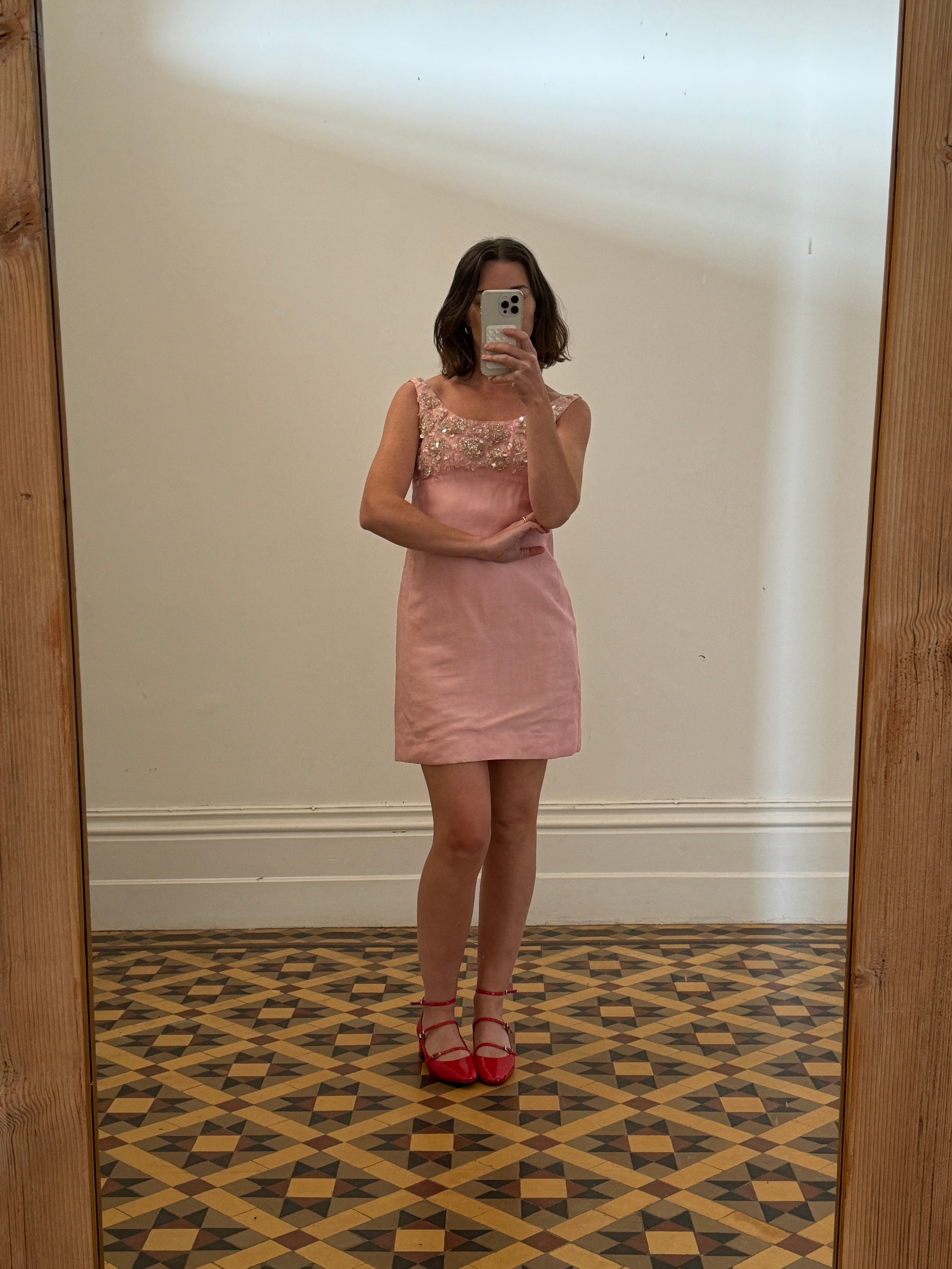 Vintage 60s Beaded Mod Mini Dress Candy Pink