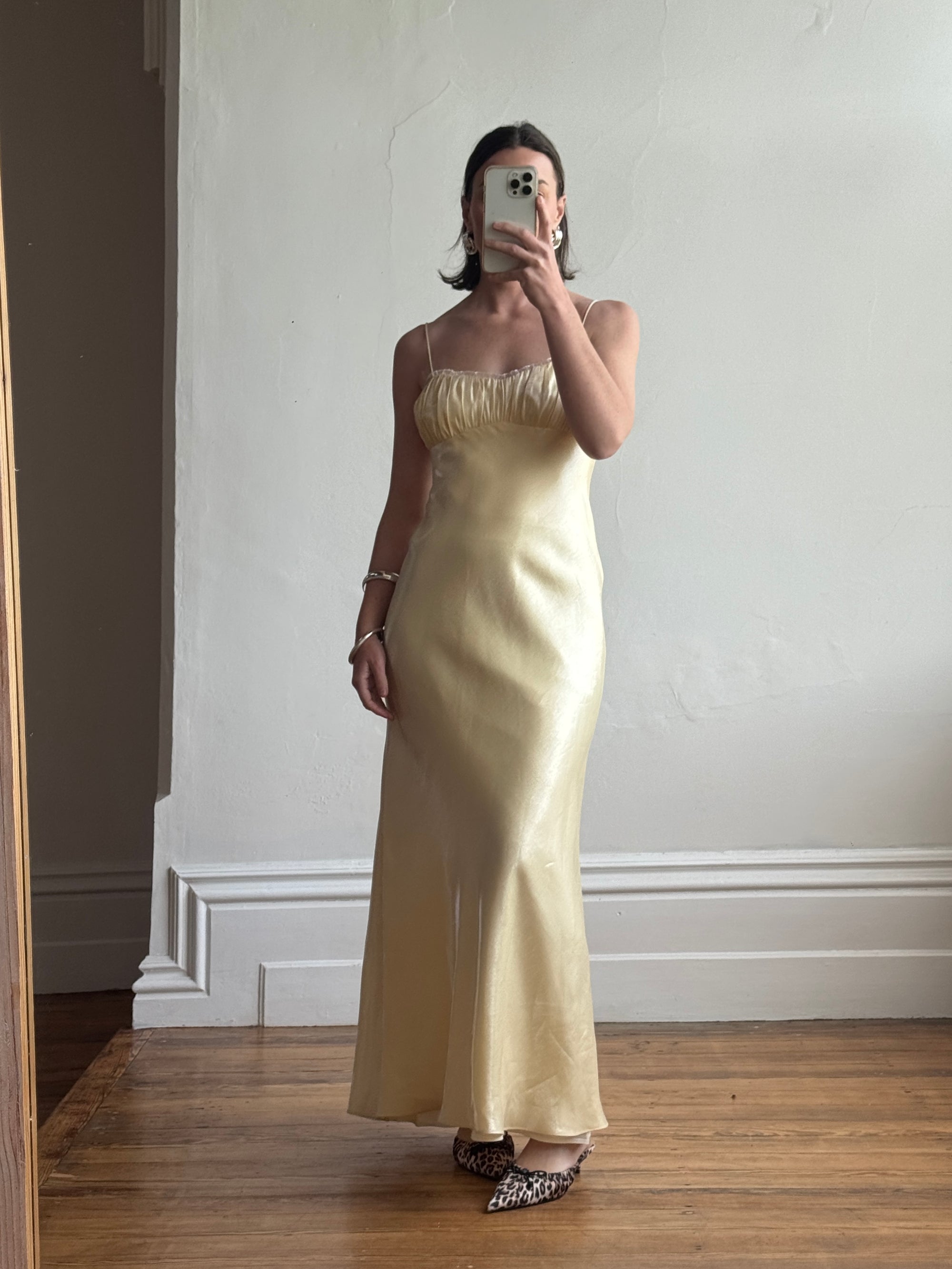 Vintage 90s Butter Yellow Organza Bias Slip Dress