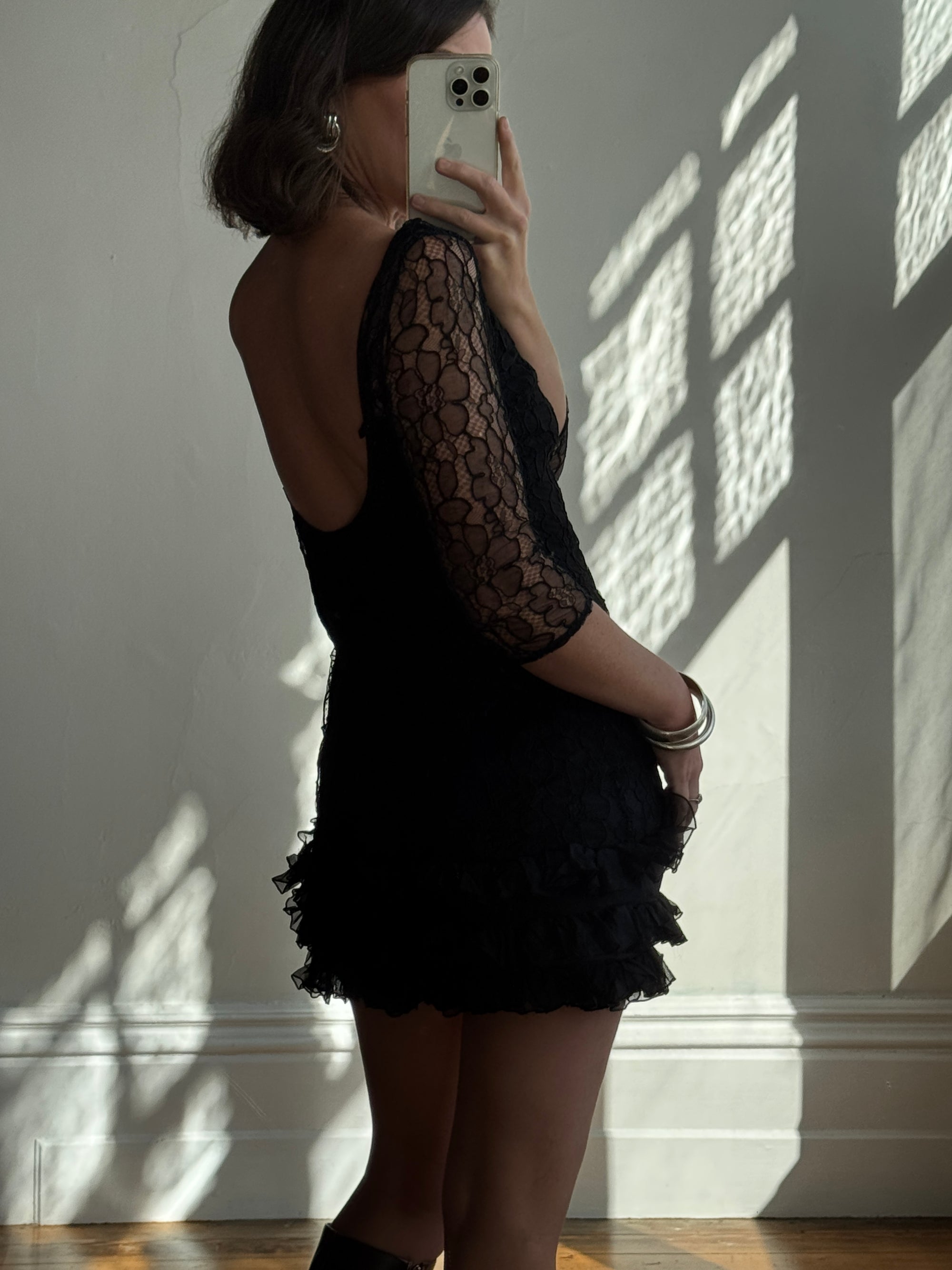 Archival Y2K Lace Ruffle Mini Dress Noir