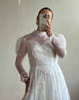 Vintage 70s Puff Sleeve Organza Ruffle Wedding Gown