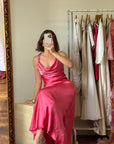 Vintage 90s Pure Silk Bias Cut Slip Dress With Rhinestones Hot Pink